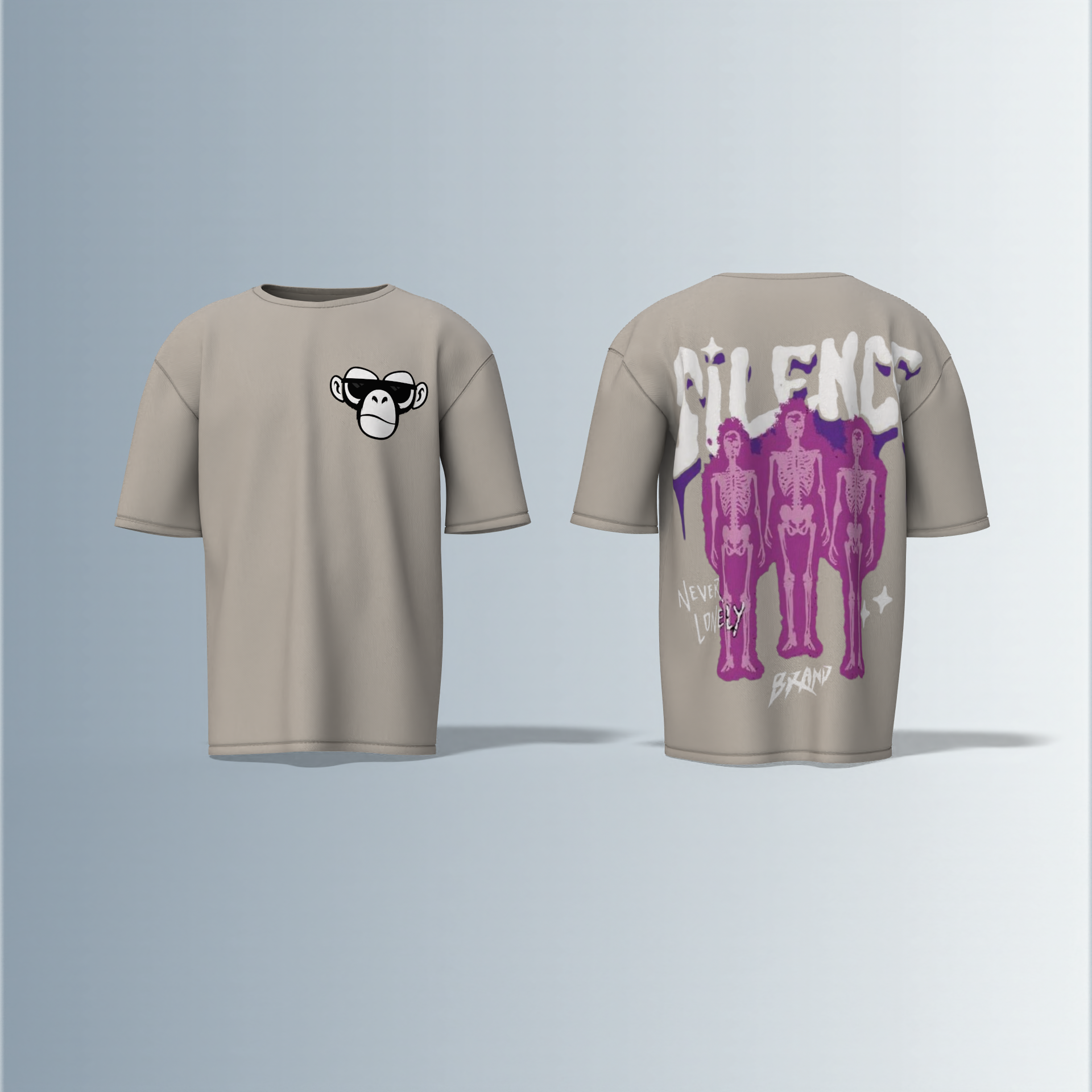 "Oversized Silence Graphic Tee – Front Minimal Ape Face Print, Back Skeleton Trio with Bold Graffiti Typography, 'Never Lonely' and Abstract Star Accents"