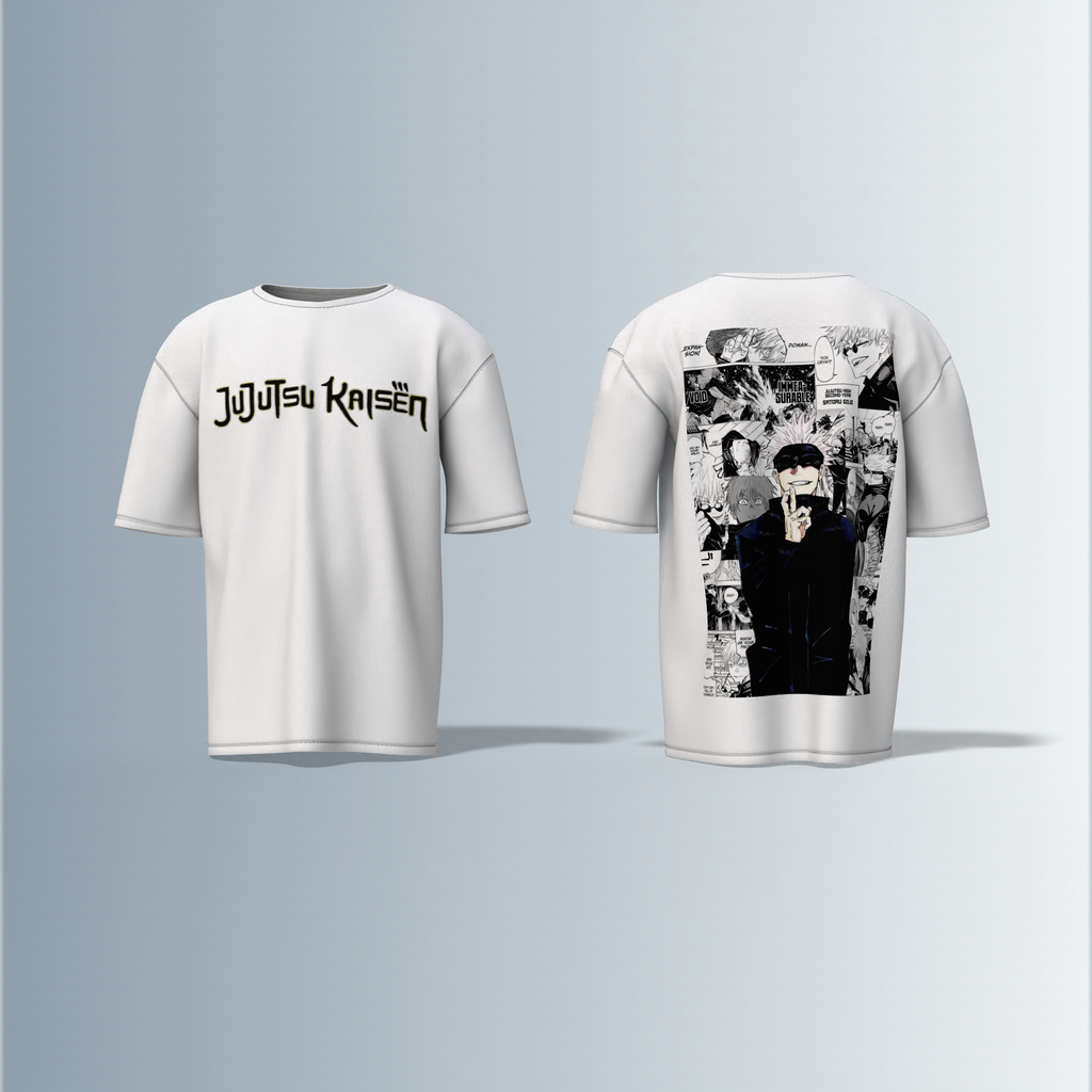 "Jujutsu Kaisen Oversized Tee – Front Logo Print & Back Manga Panel Graphic Featuring Satoru Gojo in Iconic Pose"