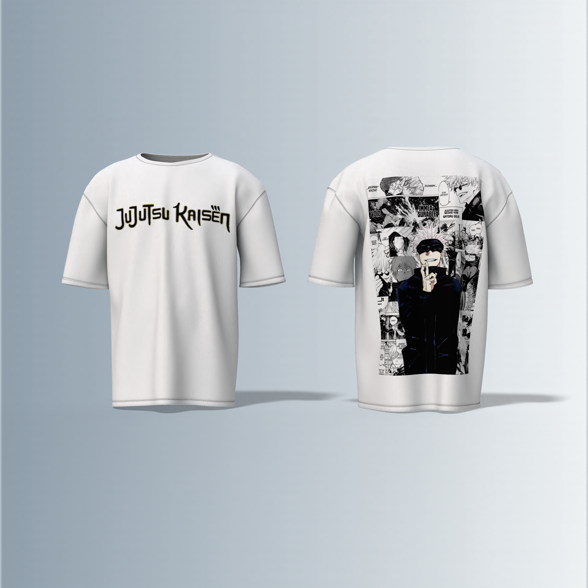 "Jujutsu Kaisen Oversized Tee – Front Logo Print & Back Manga Panel Graphic Featuring Satoru Gojo in Iconic Pose"