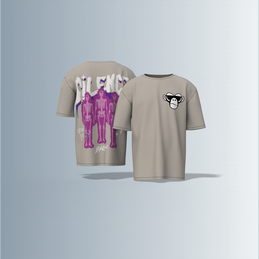 "Oversized Silence Graphic Tee – Front Minimal Ape Face Print, Back Skeleton Trio with Bold Graffiti Typography, 'Never Lonely' and Abstract Star Accents"