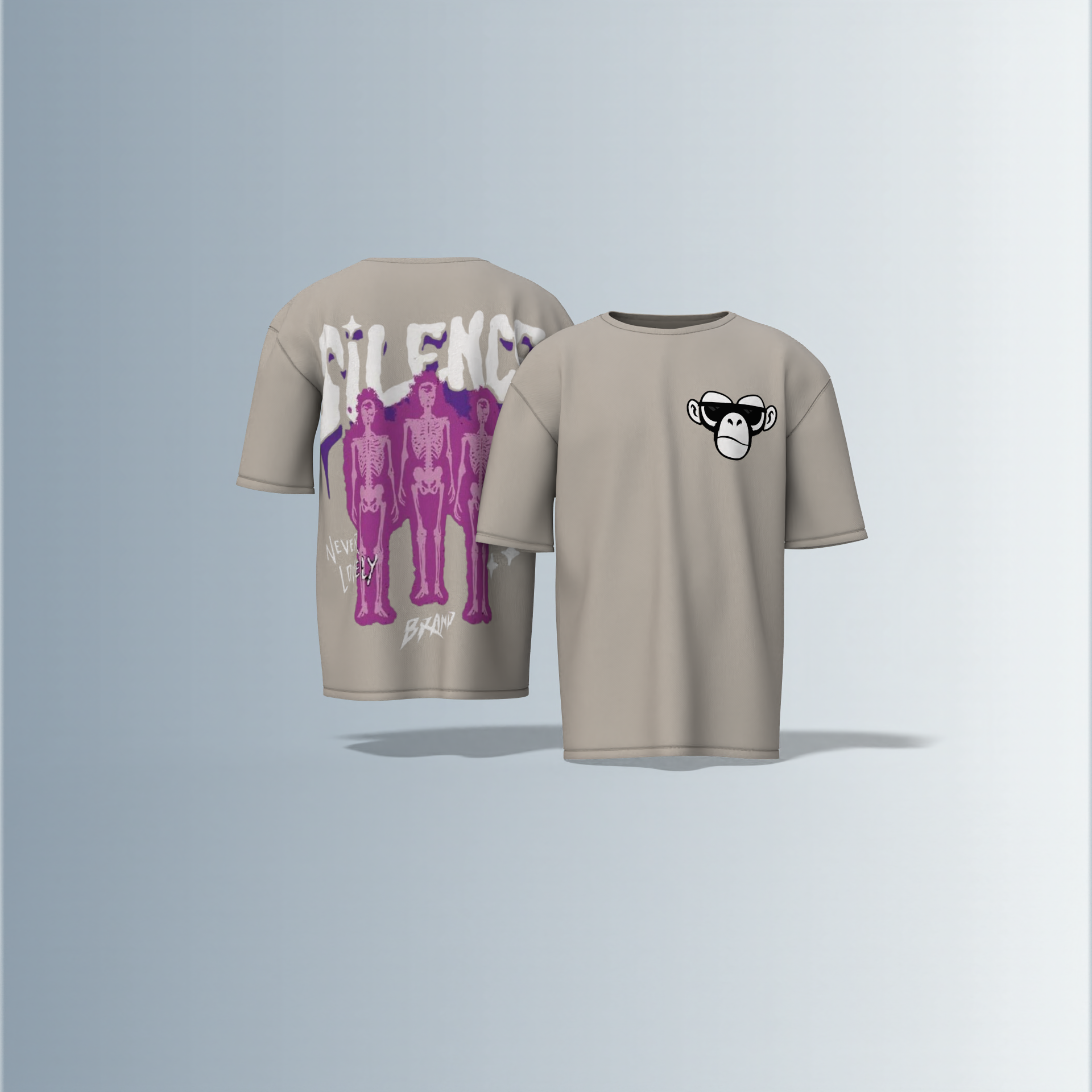 "Oversized Silence Graphic Tee – Front Minimal Ape Face Print, Back Skeleton Trio with Bold Graffiti Typography, 'Never Lonely' and Abstract Star Accents"