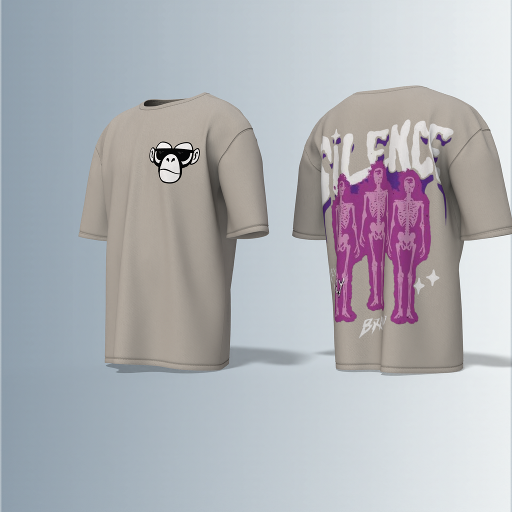 "Oversized Silence Graphic Tee – Front Minimal Ape Face Print, Back Skeleton Trio with Bold Graffiti Typography, 'Never Lonely' and Abstract Star Accents"
