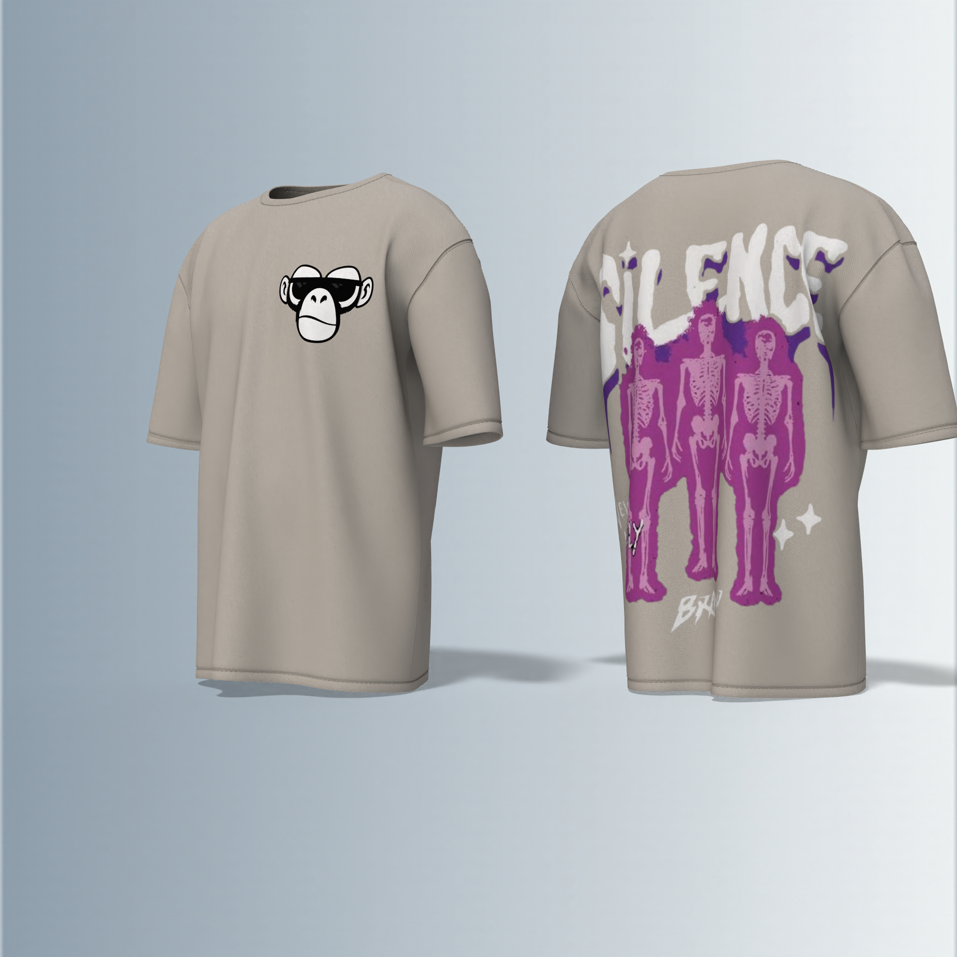 "Oversized Silence Graphic Tee – Front Minimal Ape Face Print, Back Skeleton Trio with Bold Graffiti Typography, 'Never Lonely' and Abstract Star Accents"