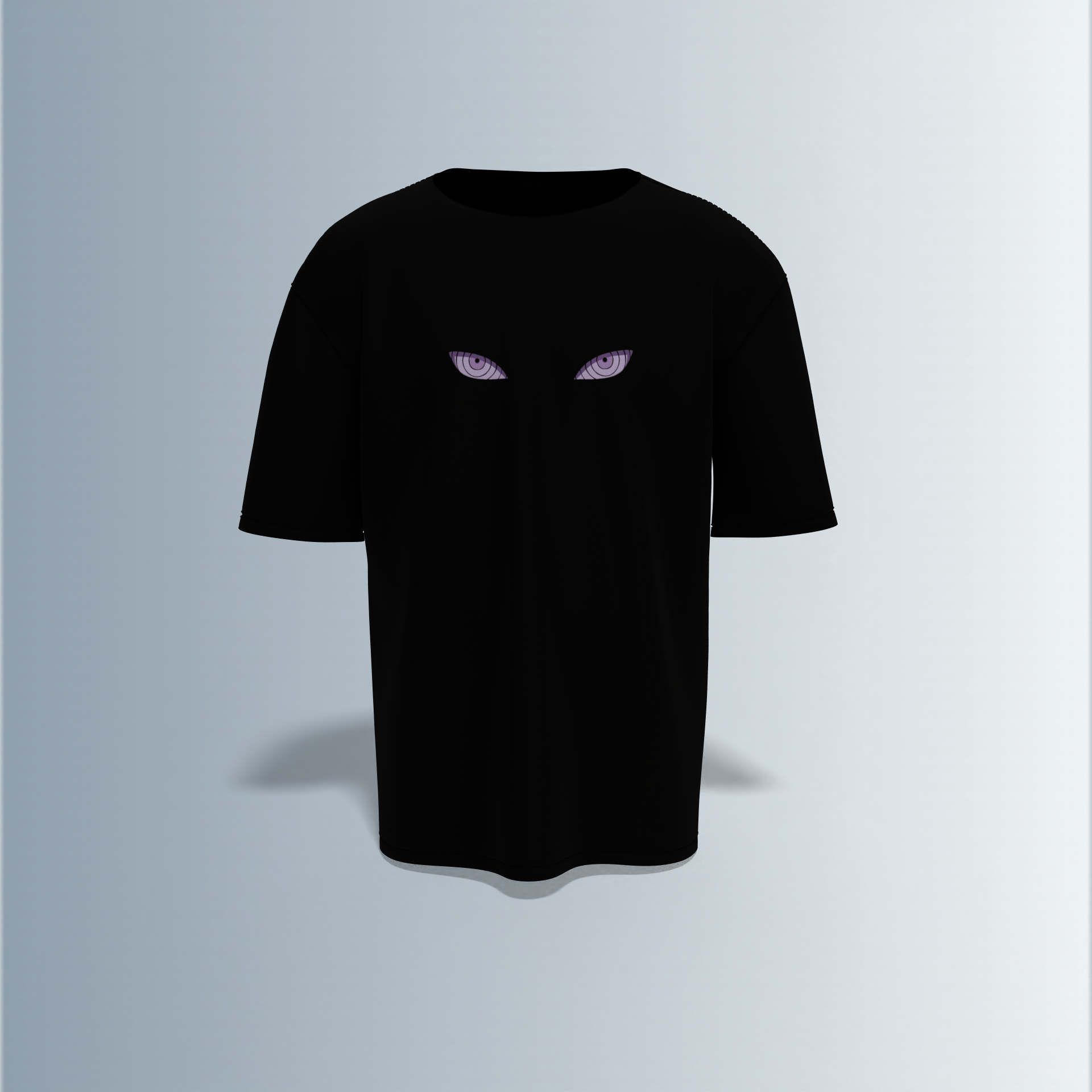 "Oversized Anime Villain Graphic Tee – Front Subtle Rinnegan Eyes Design, Back Bold Full Portrait of Pain with Intense Gaze and Japanese Text Accents"