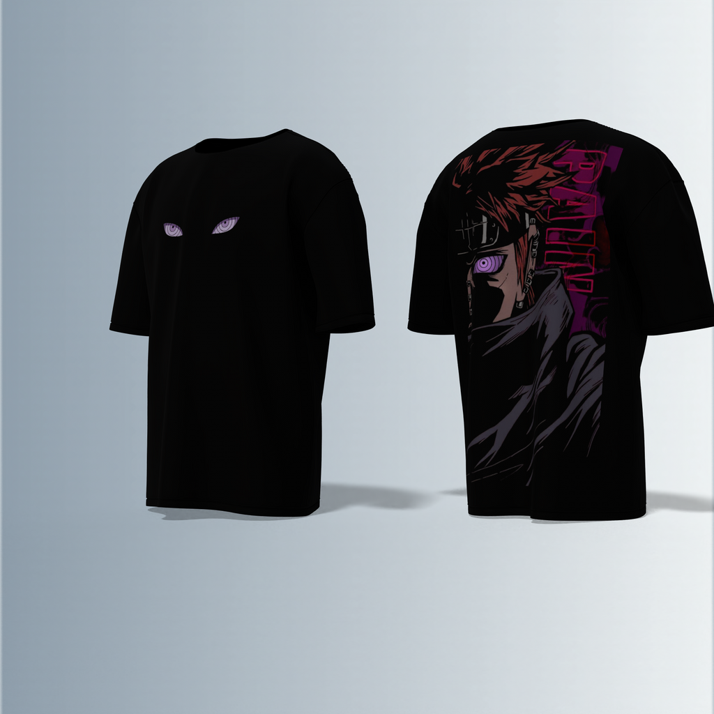 "Oversized Anime Villain Graphic Tee – Front Subtle Rinnegan Eyes Design, Back Bold Full Portrait of Pain with Intense Gaze and Japanese Text Accents"