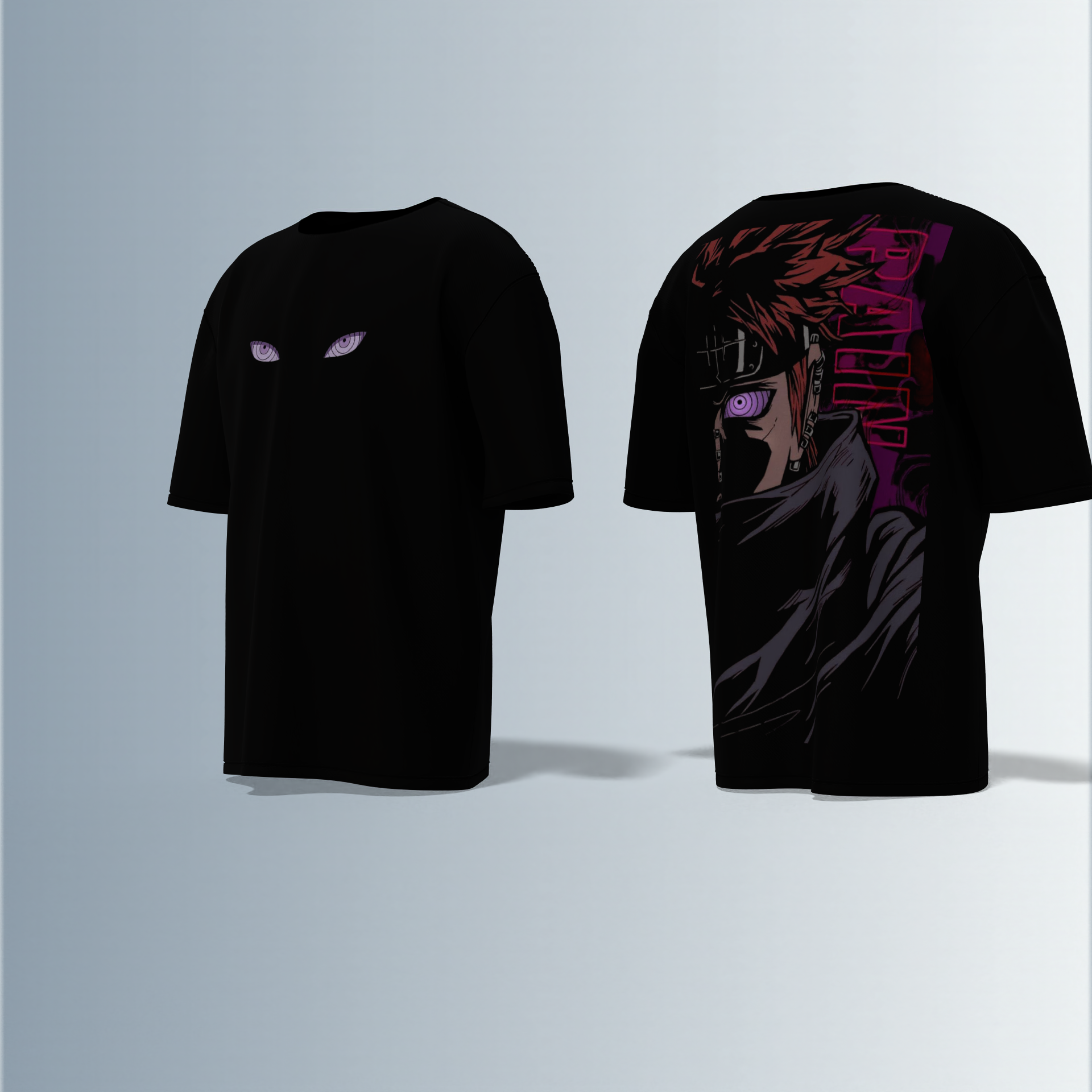 "Oversized Anime Villain Graphic Tee – Front Subtle Rinnegan Eyes Design, Back Bold Full Portrait of Pain with Intense Gaze and Japanese Text Accents"