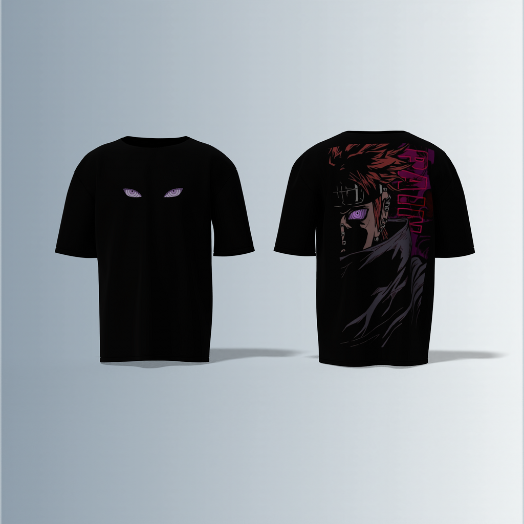 "Oversized Anime Villain Graphic Tee – Front Subtle Rinnegan Eyes Design, Back Bold Full Portrait of Pain with Intense Gaze and Japanese Text Accents"