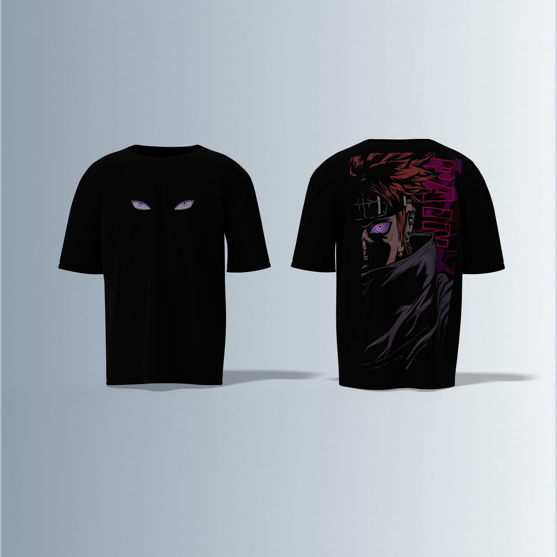 "Oversized Anime Villain Graphic Tee – Front Subtle Rinnegan Eyes Design, Back Bold Full Portrait of Pain with Intense Gaze and Japanese Text Accents"