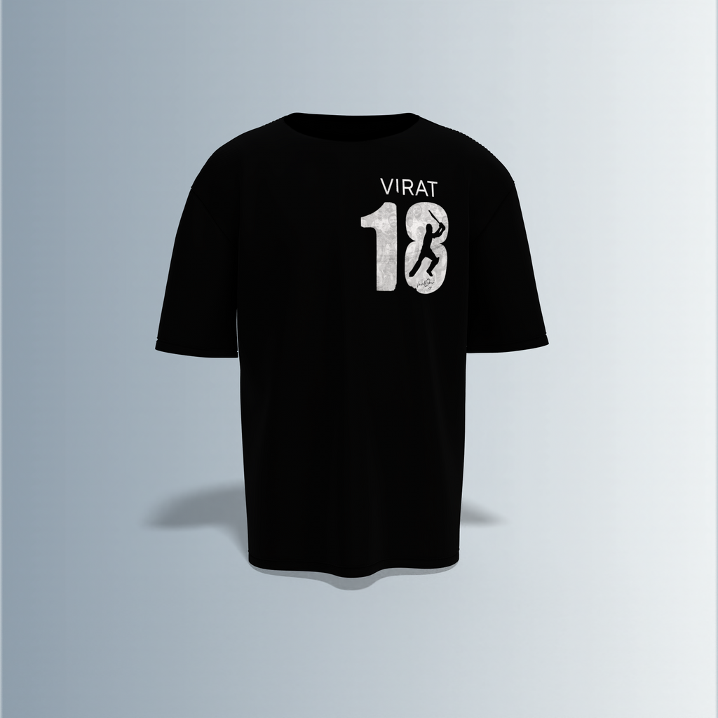 LIMITED EDITION Oversized Round-Neck Tee Showcasing Iconic Cricket Action Collage on Back and Bold ‘VIRAT 18’ Graphic with Silhouette Batsman on Front