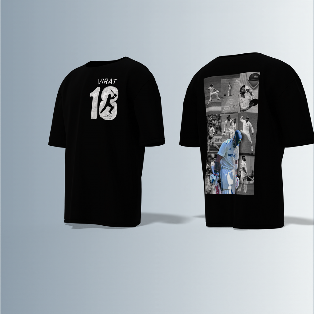 LIMITED EDITION Oversized Round-Neck Tee Showcasing Iconic Cricket Action Collage on Back and Bold ‘VIRAT 18’ Graphic with Silhouette Batsman on Front