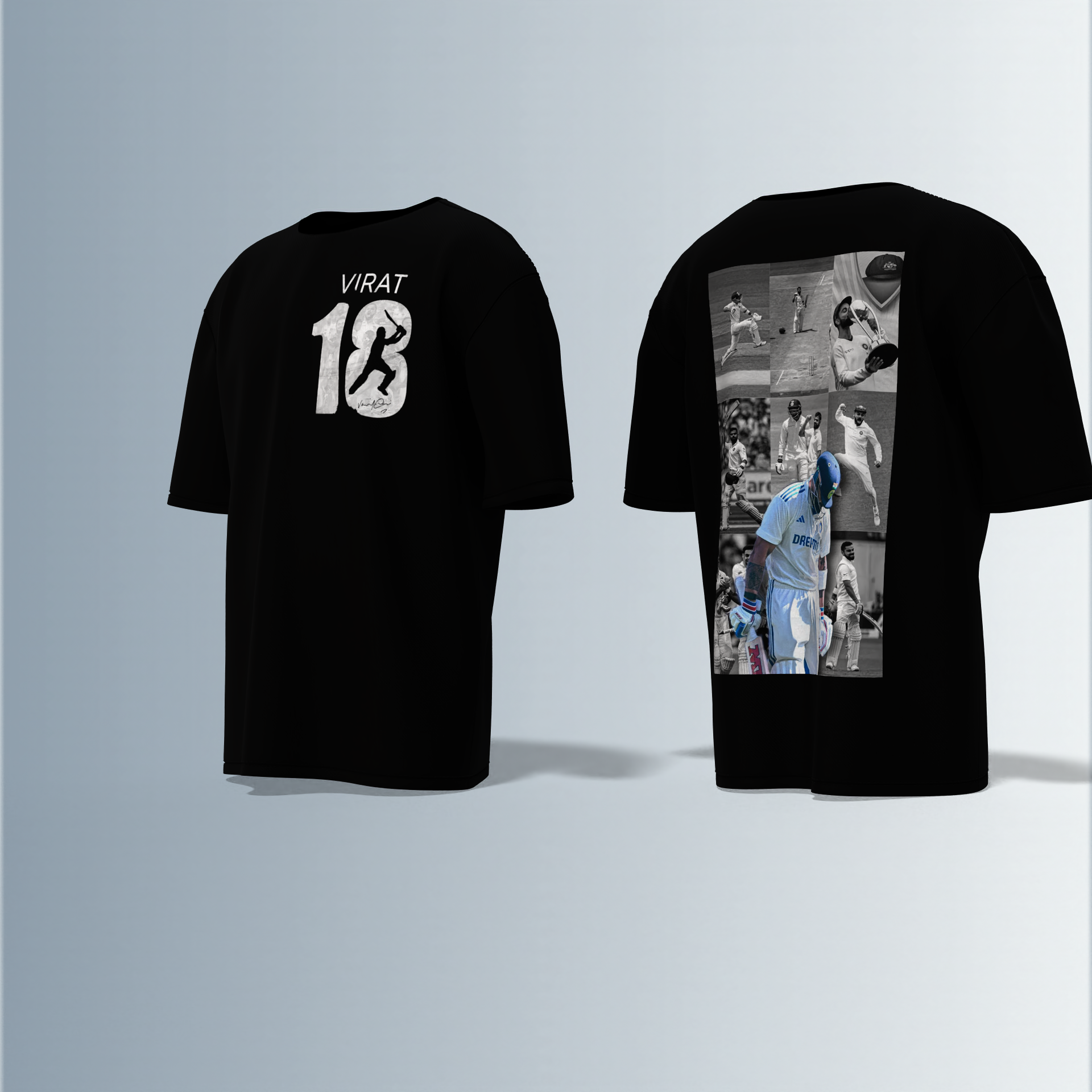 LIMITED EDITION Oversized Round-Neck Tee Showcasing Iconic Cricket Action Collage on Back and Bold ‘VIRAT 18’ Graphic with Silhouette Batsman on Front