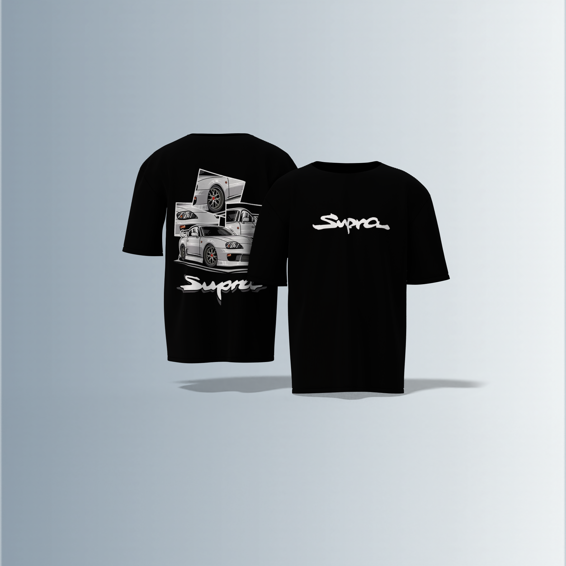 Oversized Round-Neck Tee Featuring Bold “Supra” Typography on Front and Striking Multi-Angle Sports Car Graphic Collage on Back