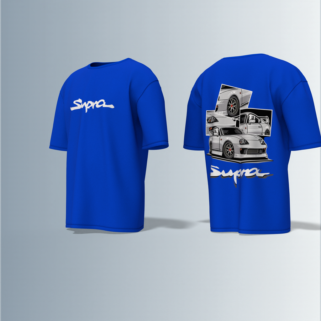 Oversized Round-Neck Tee Featuring Bold “Supra” Typography on Front and Striking Multi-Angle Sports Car Graphic Collage on Back