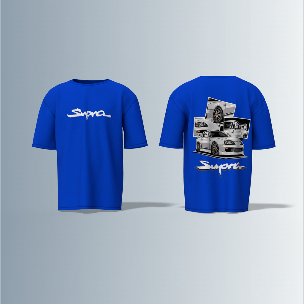 Oversized Round-Neck Tee Featuring Bold “Supra” Typography on Front and Striking Multi-Angle Sports Car Graphic Collage on Back