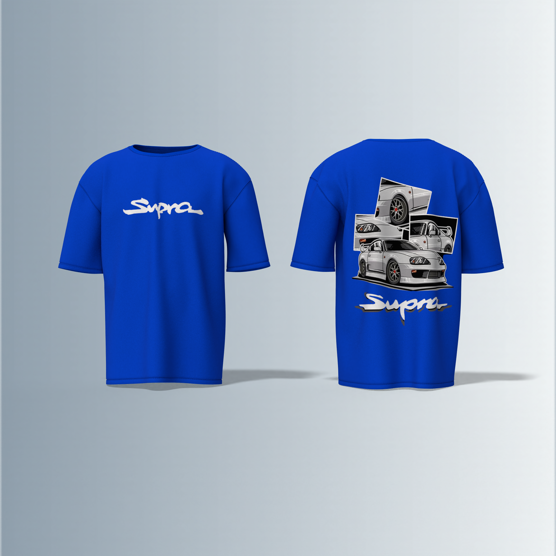 Oversized Round-Neck Tee Featuring Bold “Supra” Typography on Front and Striking Multi-Angle Sports Car Graphic Collage on Back