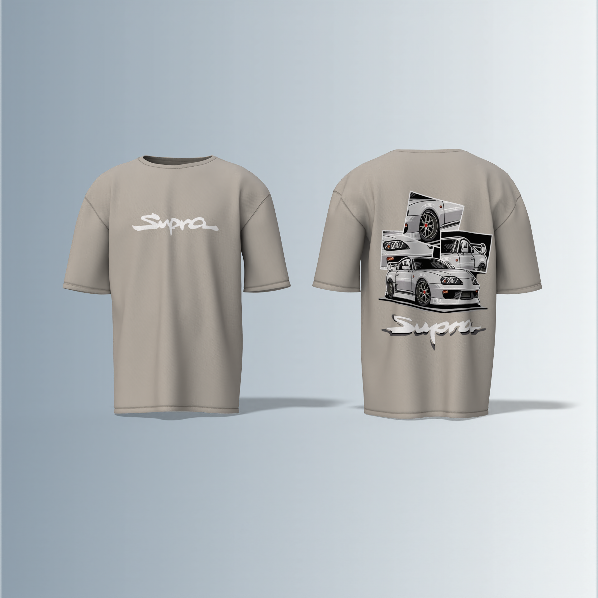 Oversized Round-Neck Tee Featuring Bold “Supra” Typography on Front and Striking Multi-Angle Sports Car Graphic Collage on Back