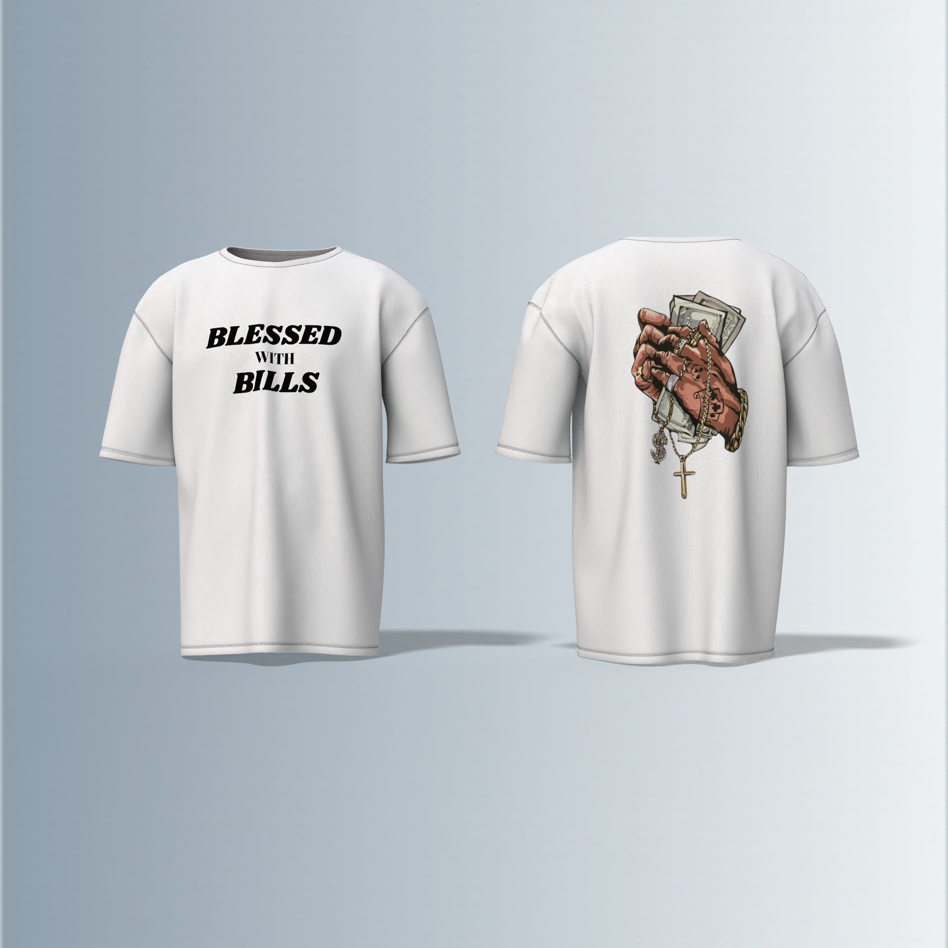 Blessed With Bills – Hustler’s Faith-Inspired Streetwear Tee for the Money-Minded Oversized T-shirt