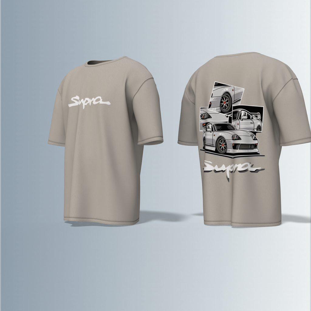 Oversized Round-Neck Tee Featuring Bold “Supra” Typography on Front and Striking Multi-Angle Sports Car Graphic Collage on Back