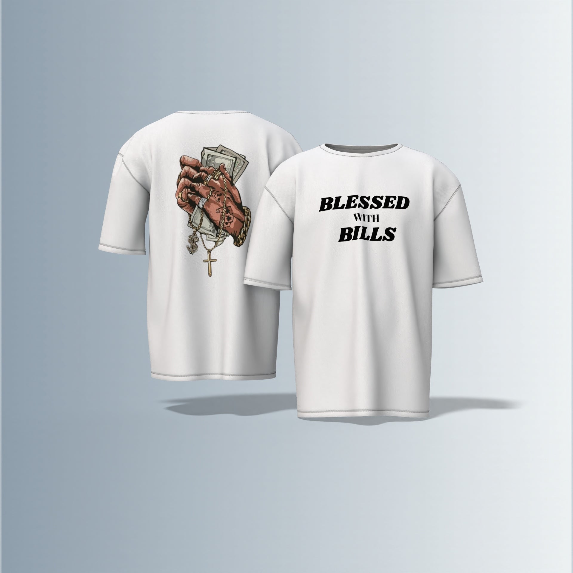 Blessed With Bills – Hustler’s Faith-Inspired Streetwear Tee for the Money-Minded Oversized T-shirt