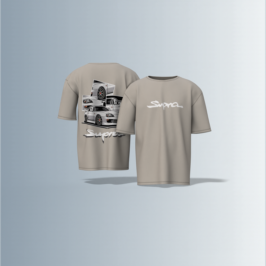 Oversized Round-Neck Tee Featuring Bold “Supra” Typography on Front and Striking Multi-Angle Sports Car Graphic Collage on Back