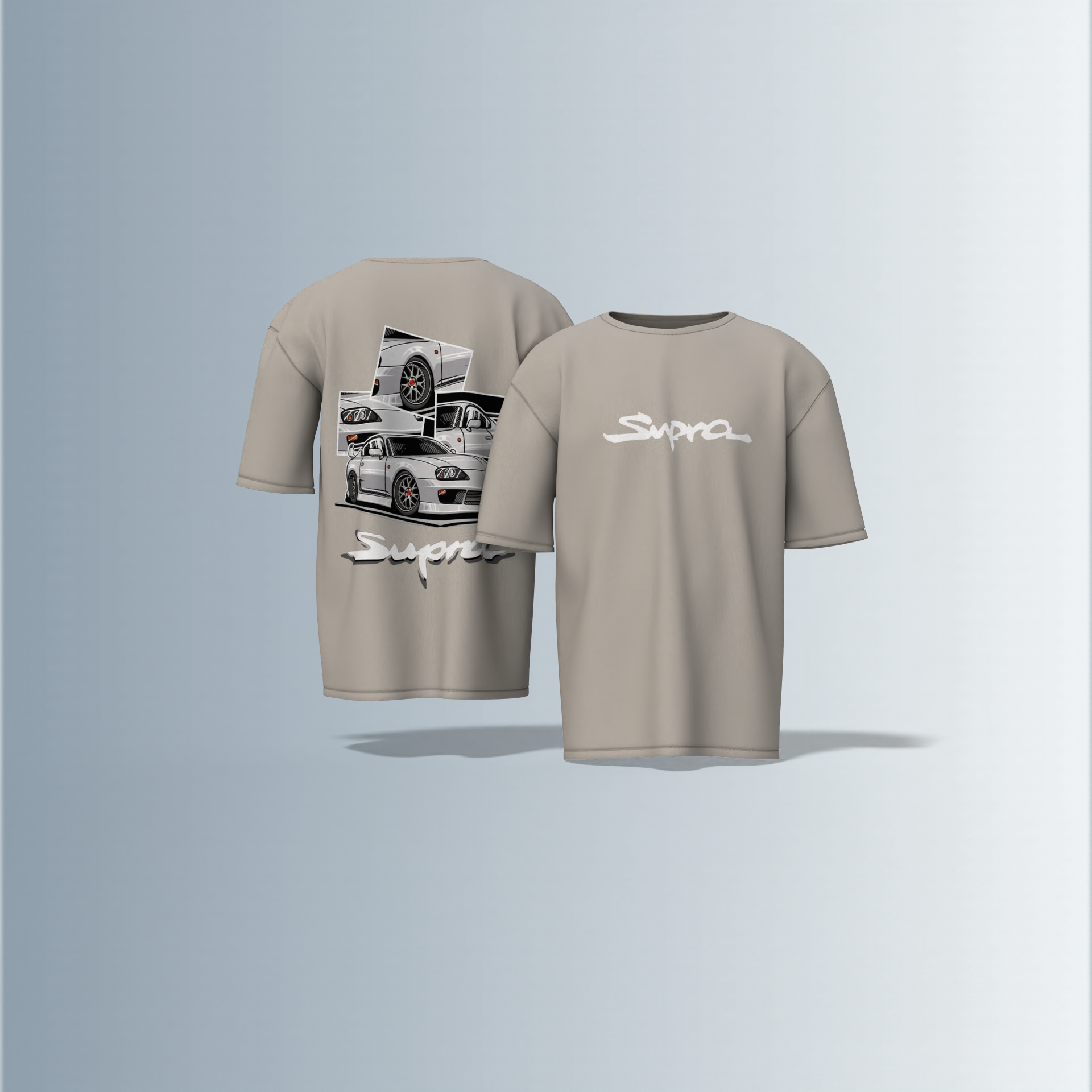 Oversized Round-Neck Tee Featuring Bold “Supra” Typography on Front and Striking Multi-Angle Sports Car Graphic Collage on Back