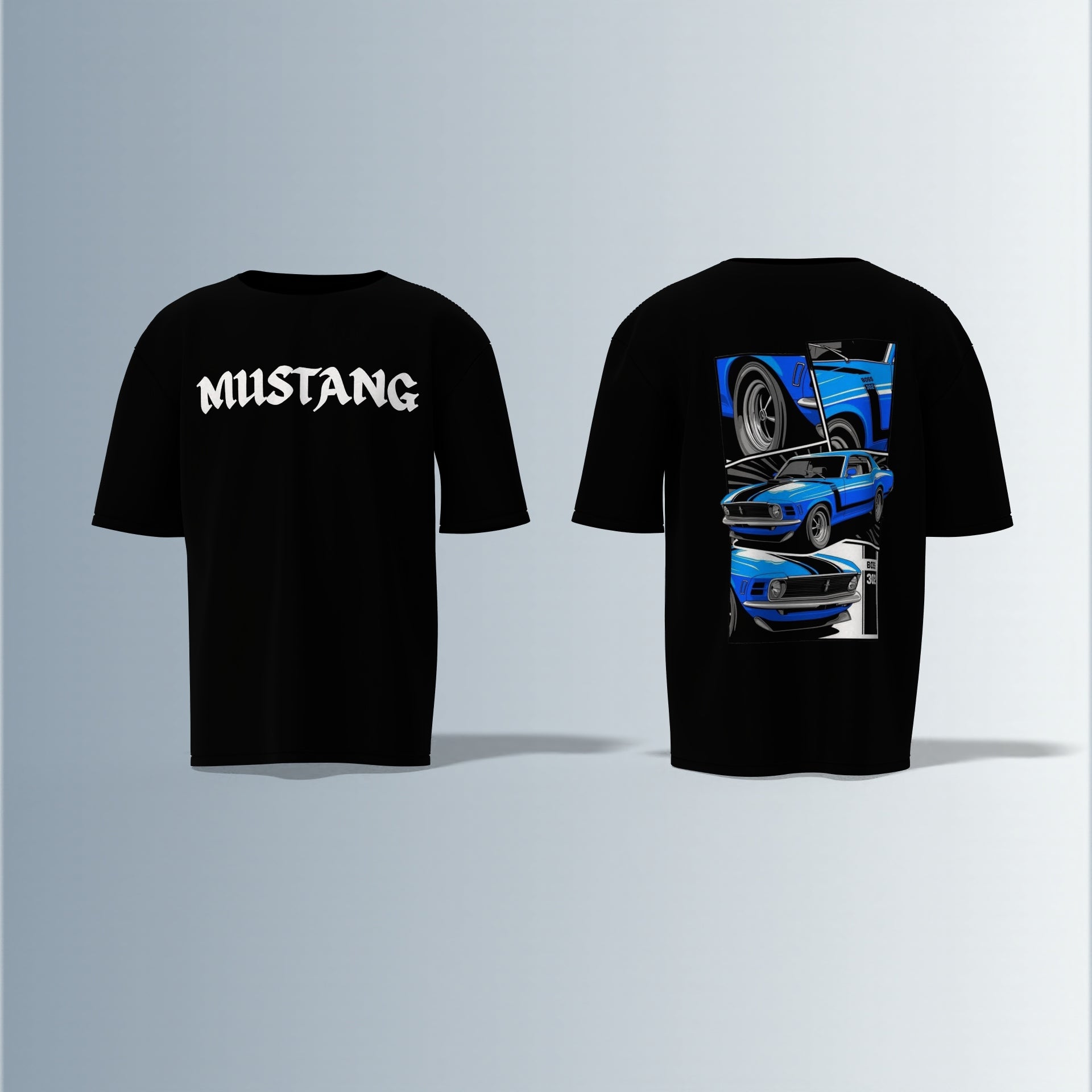 Vintage Mustang: Classic Blue 1970 Fastback – Retro Car Lovers Graphic Oversized T-shirt