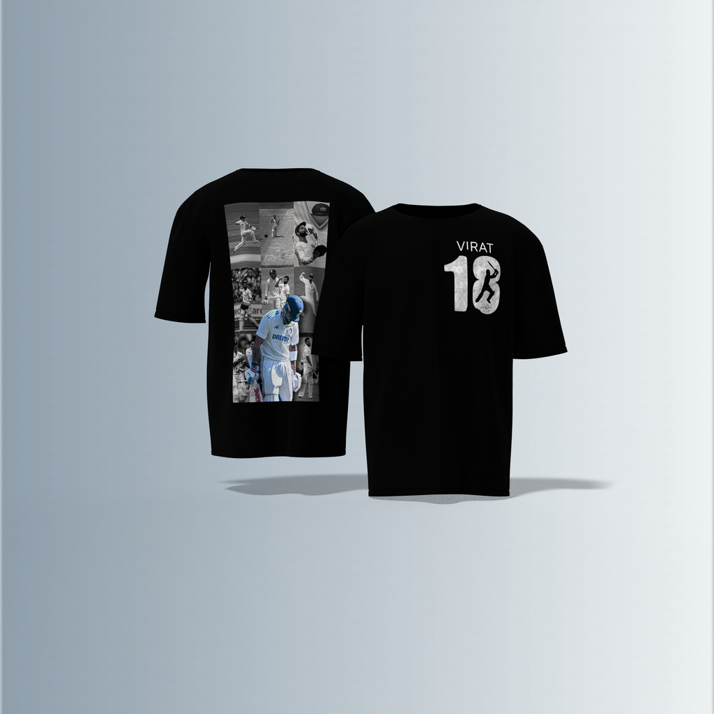 LIMITED EDITION Oversized Round-Neck Tee Showcasing Iconic Cricket Action Collage on Back and Bold ‘VIRAT 18’ Graphic with Silhouette Batsman on Front