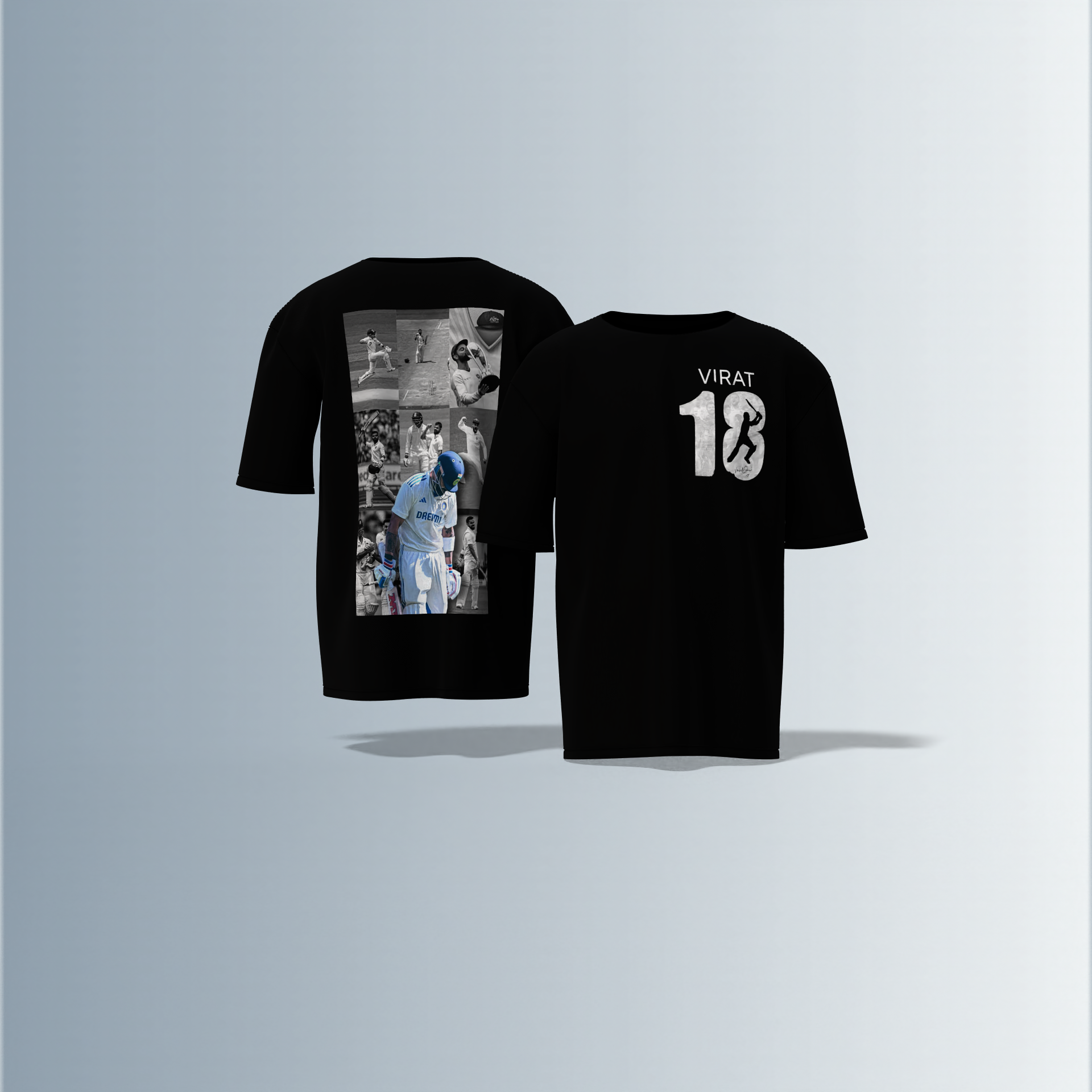 LIMITED EDITION Oversized Round-Neck Tee Showcasing Iconic Cricket Action Collage on Back and Bold ‘VIRAT 18’ Graphic with Silhouette Batsman on Front