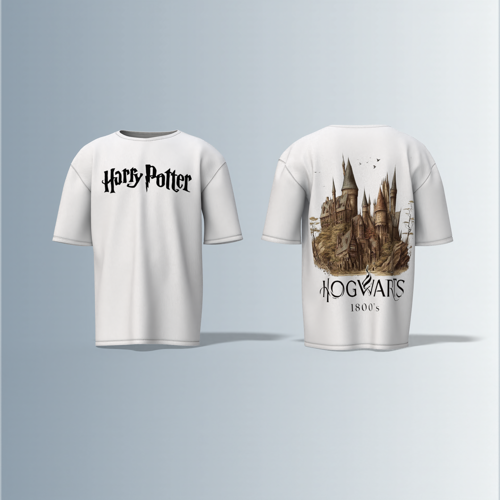 Oversized Round-Neck Tee Featuring Bold “Harry Potter” Text on Front and Detailed Vintage Hogwarts Castle Illustration with “1800’s” Typography on Back