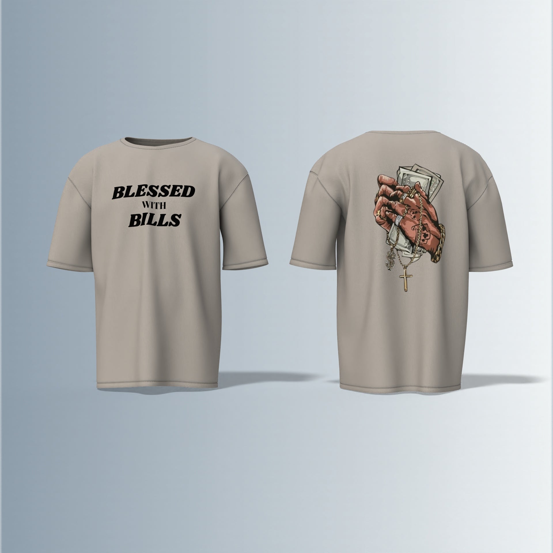 Blessed With Bills – Hustler’s Faith-Inspired Streetwear Tee for the Money-Minded Oversized T-shirt