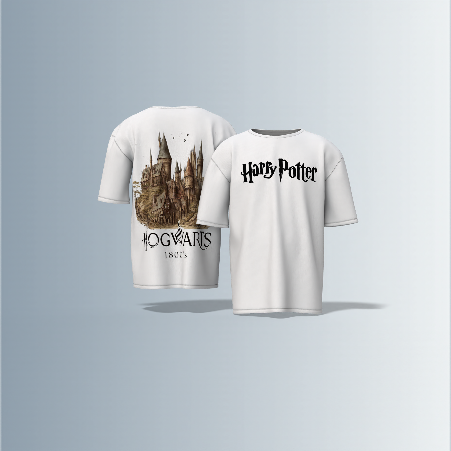 Oversized Round-Neck Tee Featuring Bold “Harry Potter” Text on Front and Detailed Vintage Hogwarts Castle Illustration with “1800’s” Typography on Back