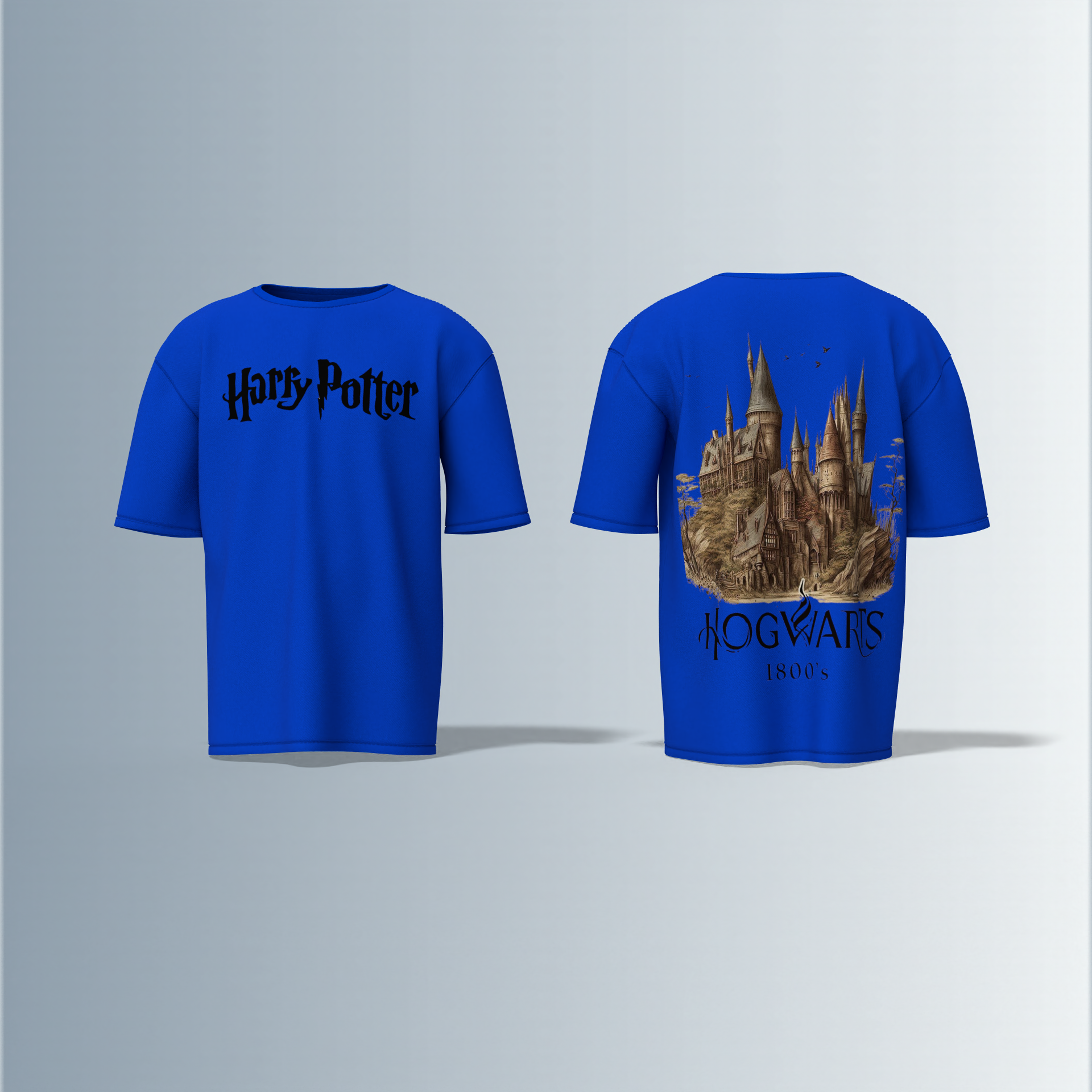 Oversized Round-Neck Tee Featuring Bold “Harry Potter” Text on Front and Detailed Vintage Hogwarts Castle Illustration with “1800’s” Typography on Back