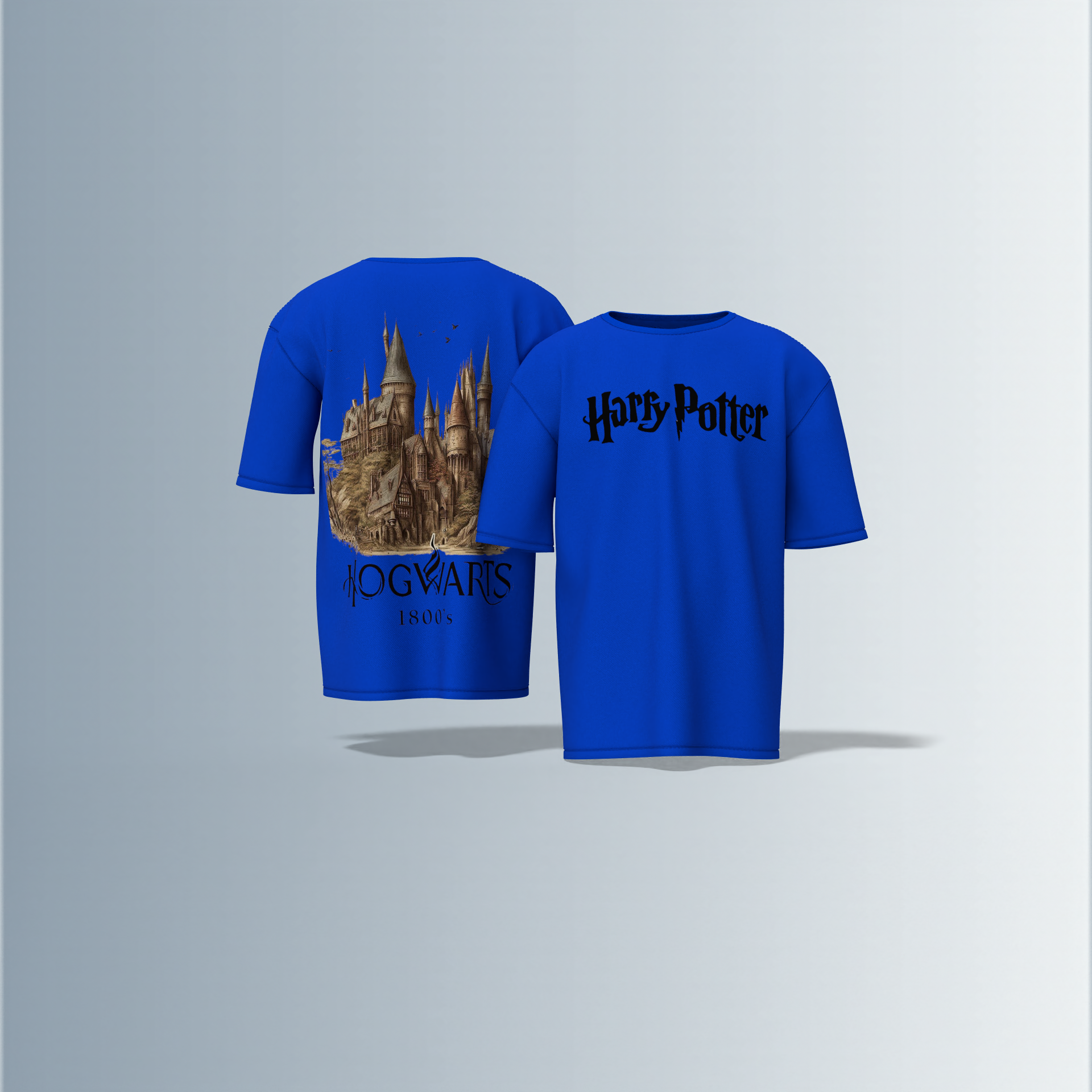 Oversized Round-Neck Tee Featuring Bold “Harry Potter” Text on Front and Detailed Vintage Hogwarts Castle Illustration with “1800’s” Typography on Back