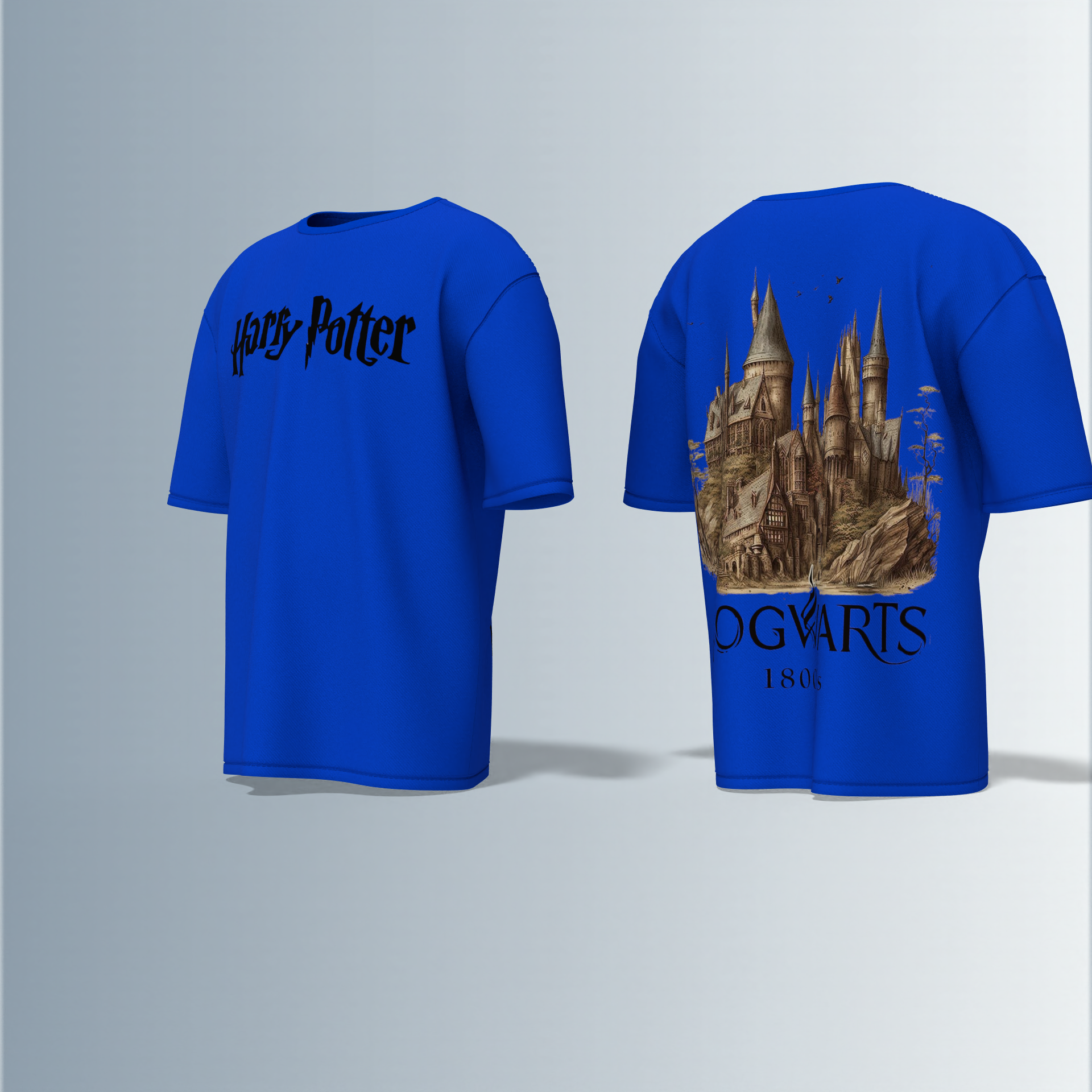 Oversized Round-Neck Tee Featuring Bold “Harry Potter” Text on Front and Detailed Vintage Hogwarts Castle Illustration with “1800’s” Typography on Back