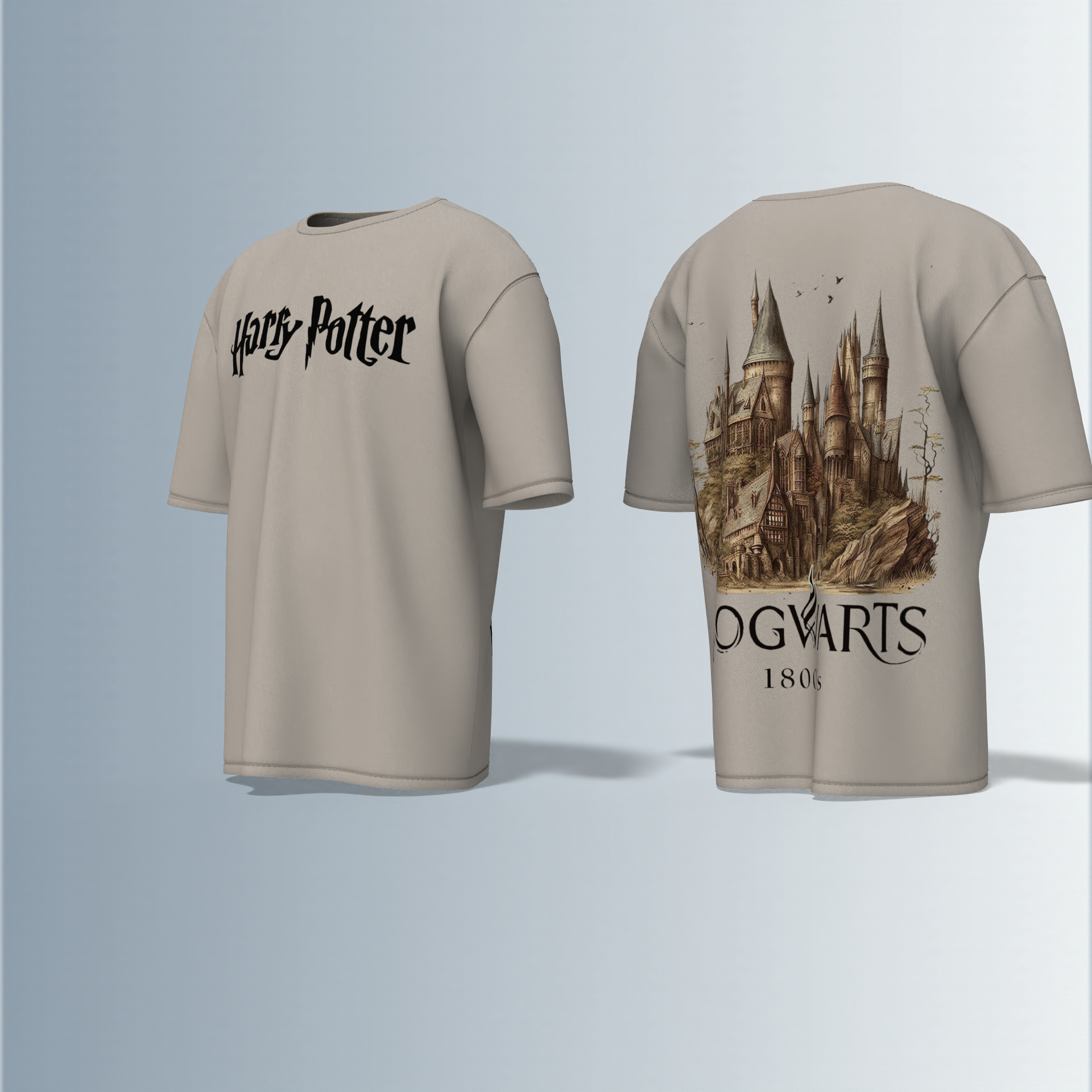 Oversized Round-Neck Tee Featuring Bold “Harry Potter” Text on Front and Detailed Vintage Hogwarts Castle Illustration with “1800’s” Typography on Back