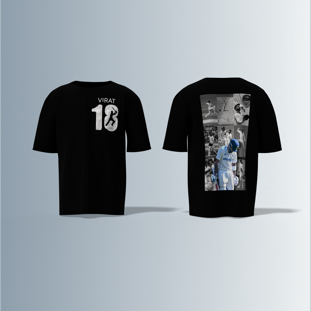 LIMITED EDITION Oversized Round-Neck Tee Showcasing Iconic Cricket Action Collage on Back and Bold ‘VIRAT 18’ Graphic with Silhouette Batsman on Front