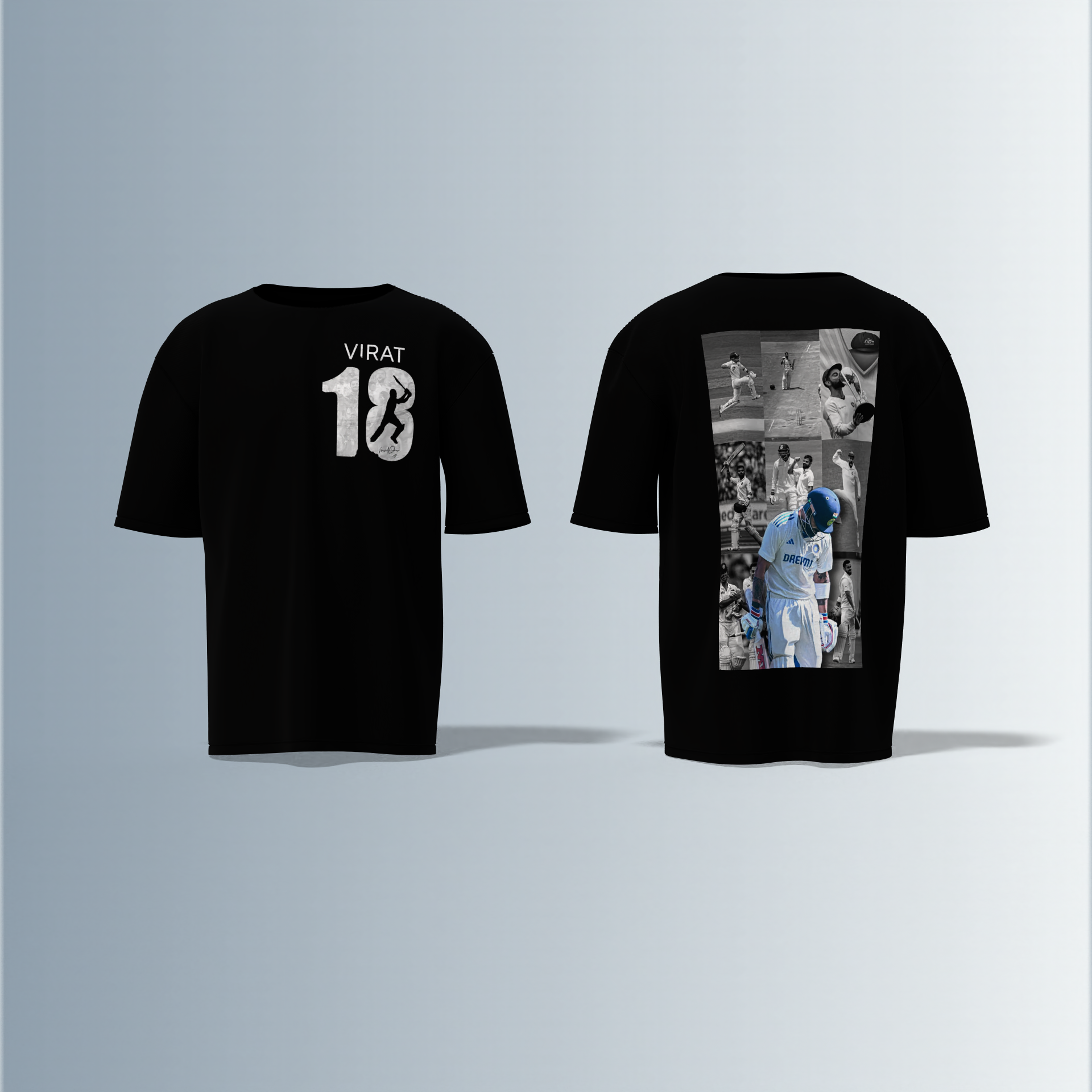 LIMITED EDITION Oversized Round-Neck Tee Showcasing Iconic Cricket Action Collage on Back and Bold ‘VIRAT 18’ Graphic with Silhouette Batsman on Front
