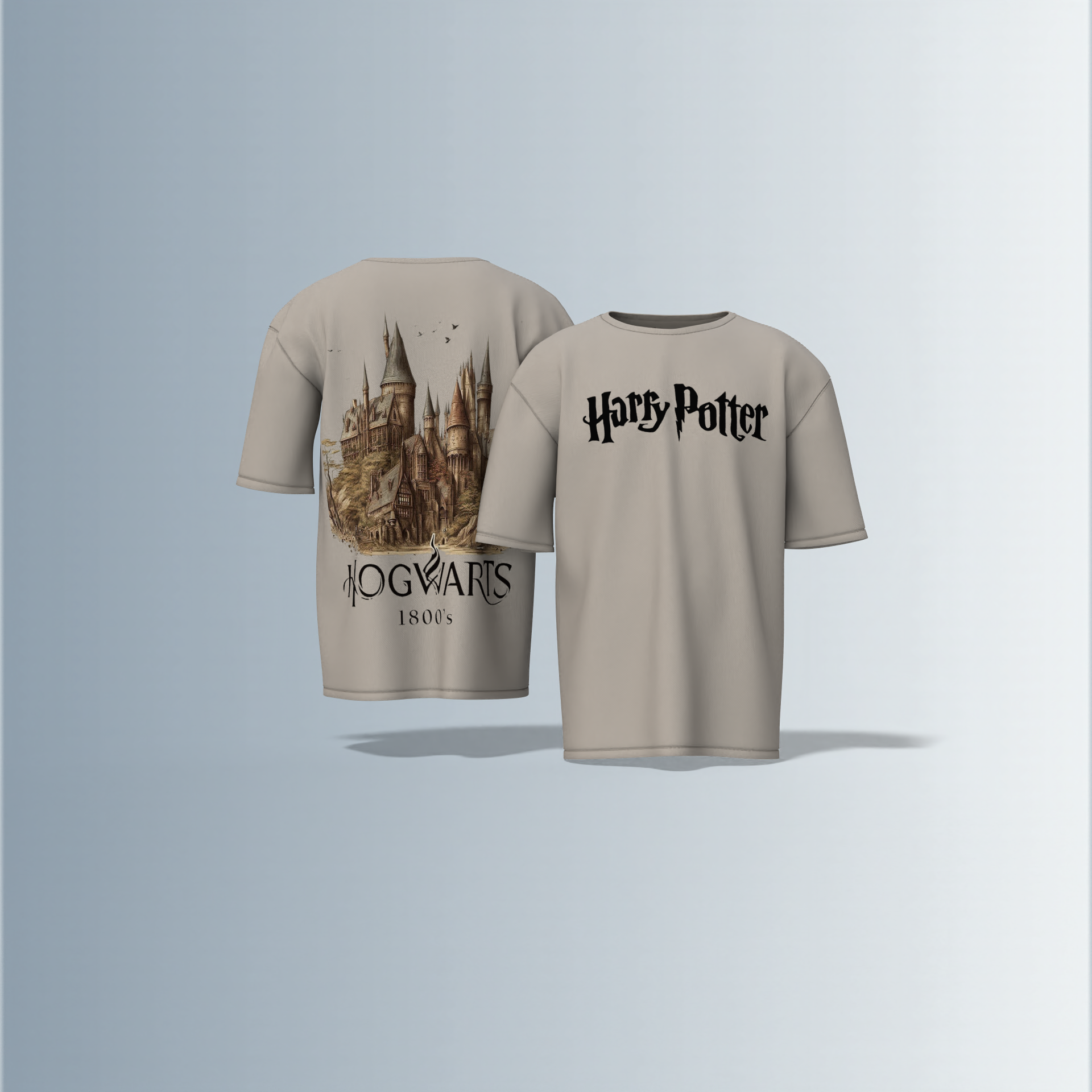 Oversized Round-Neck Tee Featuring Bold “Harry Potter” Text on Front and Detailed Vintage Hogwarts Castle Illustration with “1800’s” Typography on Back
