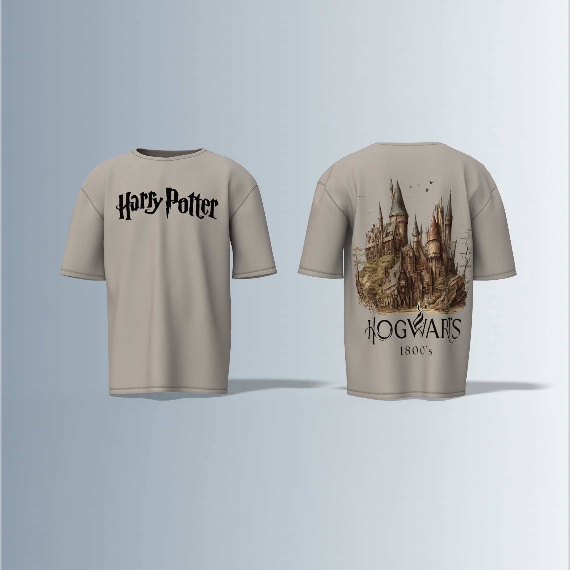 Oversized Round-Neck Tee Featuring Bold “Harry Potter” Text on Front and Detailed Vintage Hogwarts Castle Illustration with “1800’s” Typography on Back