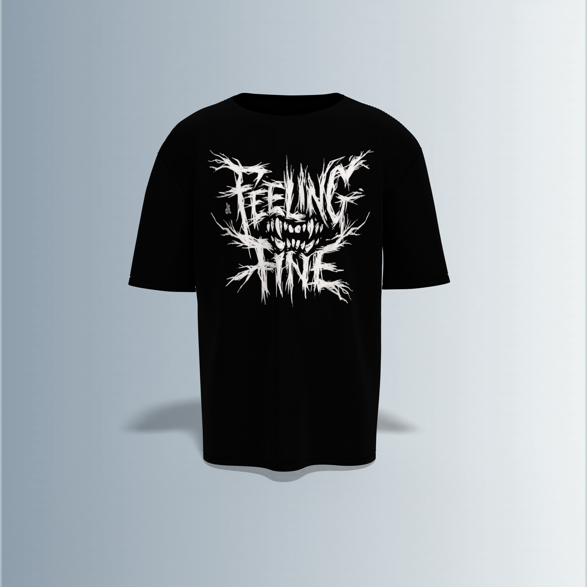 Oversized Round-Neck Tee with Distorted “Feeling Fine” Graphic on Front and Bold Gothic “Hellsing” Typography on Back Featuring Hand Sign, Eye Symbol, and Intricate Dark Art Elements