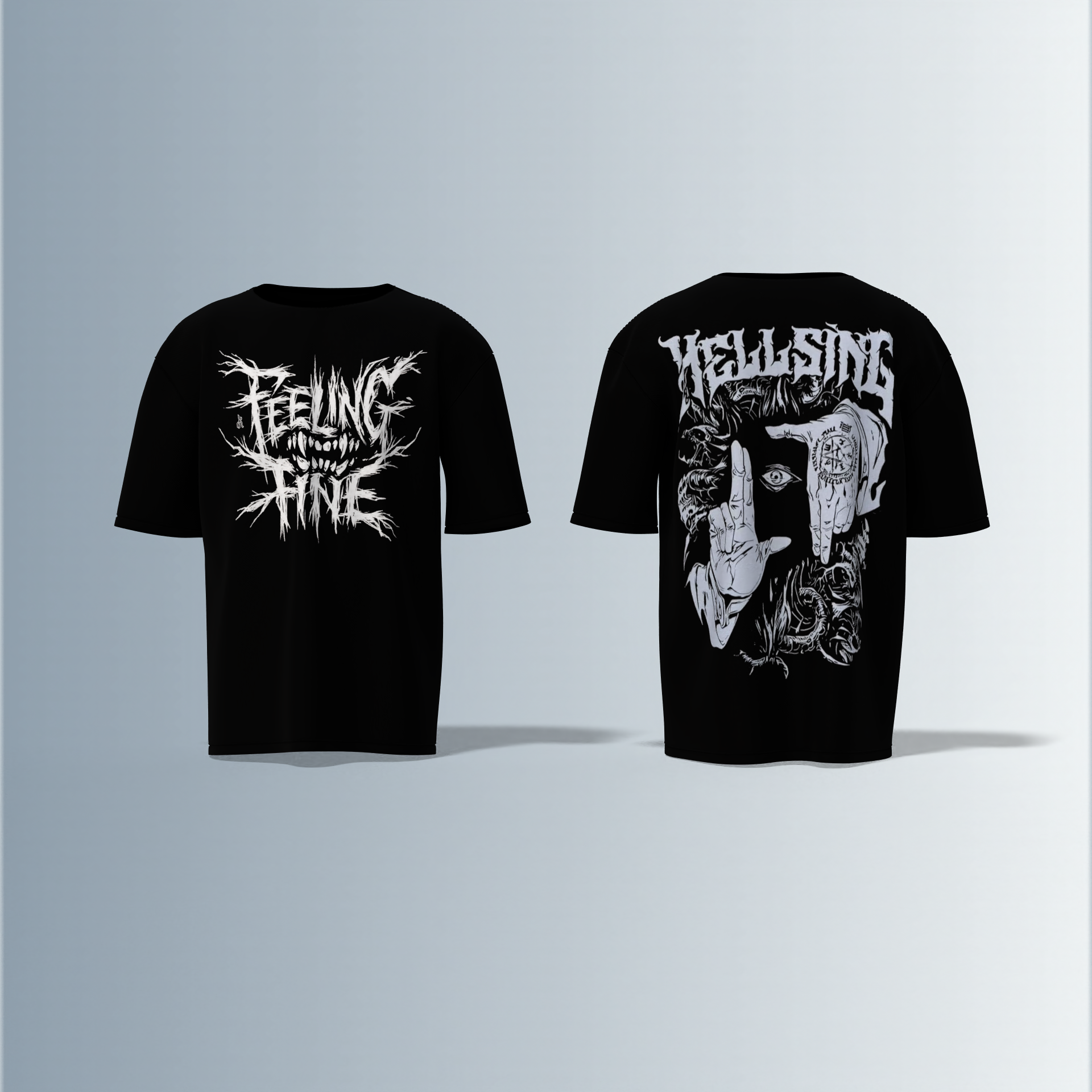 Oversized Round-Neck Tee with Distorted “Feeling Fine” Graphic on Front and Bold Gothic “Hellsing” Typography on Back Featuring Hand Sign, Eye Symbol, and Intricate Dark Art Elements