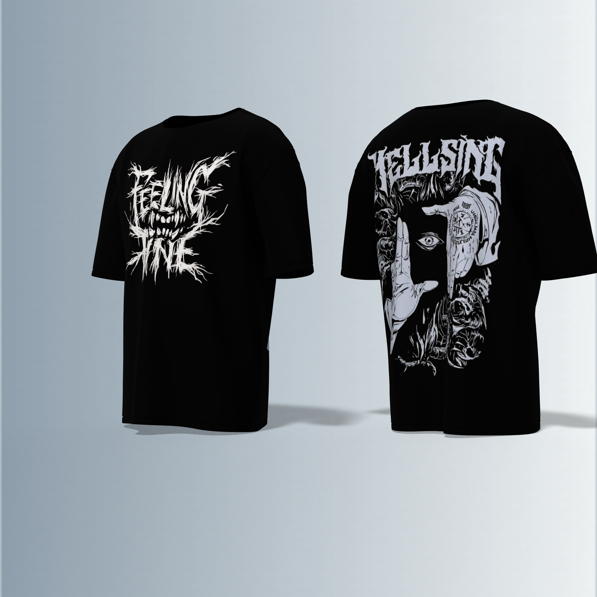 Oversized Round-Neck Tee with Distorted “Feeling Fine” Graphic on Front and Bold Gothic “Hellsing” Typography on Back Featuring Hand Sign, Eye Symbol, and Intricate Dark Art Elements