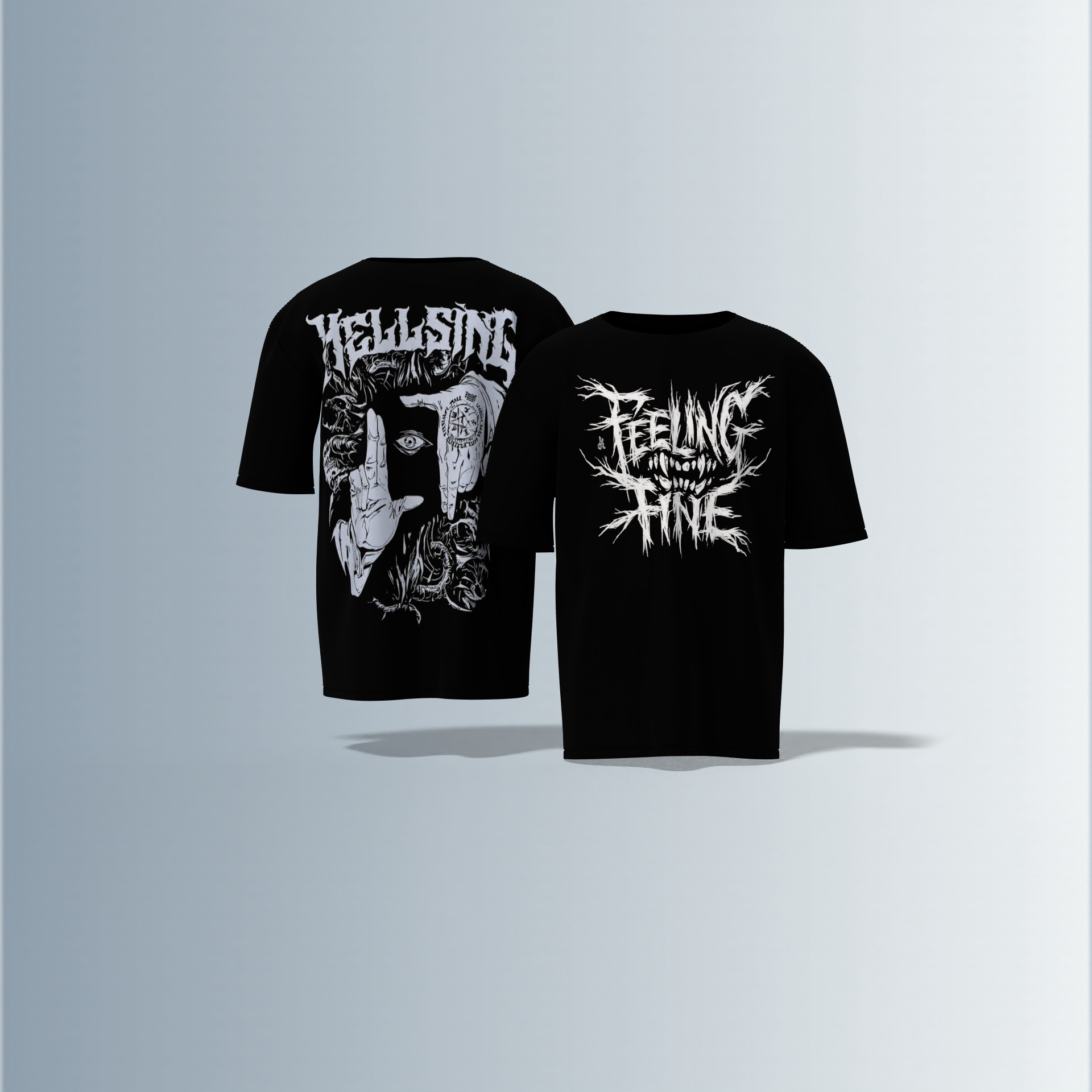 Oversized Round-Neck Tee with Distorted “Feeling Fine” Graphic on Front and Bold Gothic “Hellsing” Typography on Back Featuring Hand Sign, Eye Symbol, and Intricate Dark Art Elements