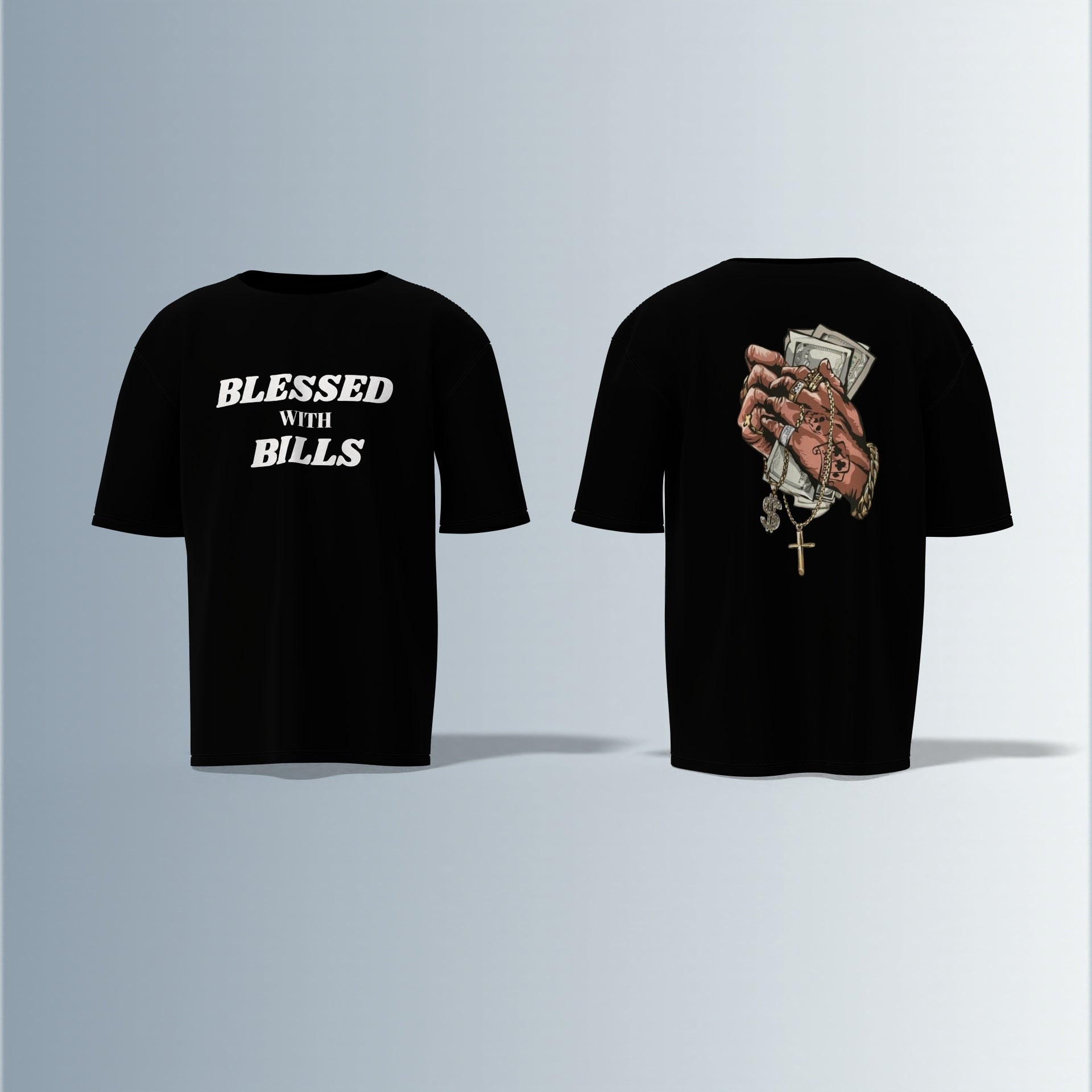 Blessed With Bills – Hustler’s Faith-Inspired Streetwear Tee for the Money-Minded Oversized T-shirt