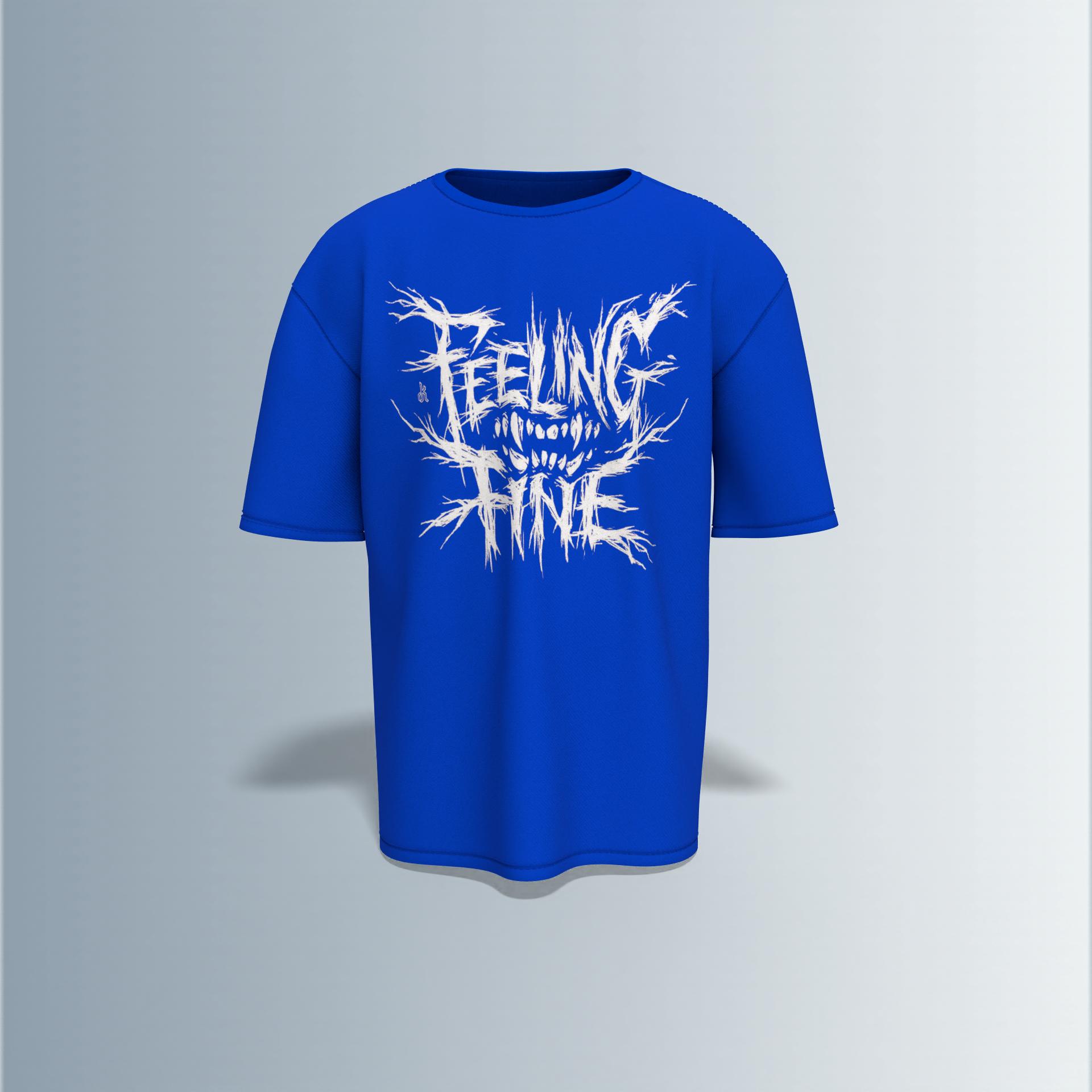 Oversized Round-Neck Tee with Distorted “Feeling Fine” Graphic on Front and Bold Gothic “Hellsing” Typography on Back Featuring Hand Sign, Eye Symbol, and Intricate Dark Art Elements