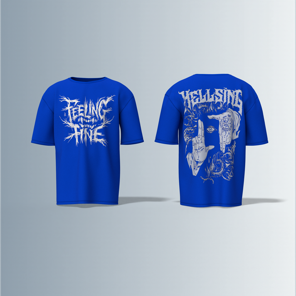 Oversized Round-Neck Tee with Distorted “Feeling Fine” Graphic on Front and Bold Gothic “Hellsing” Typography on Back Featuring Hand Sign, Eye Symbol, and Intricate Dark Art Elements