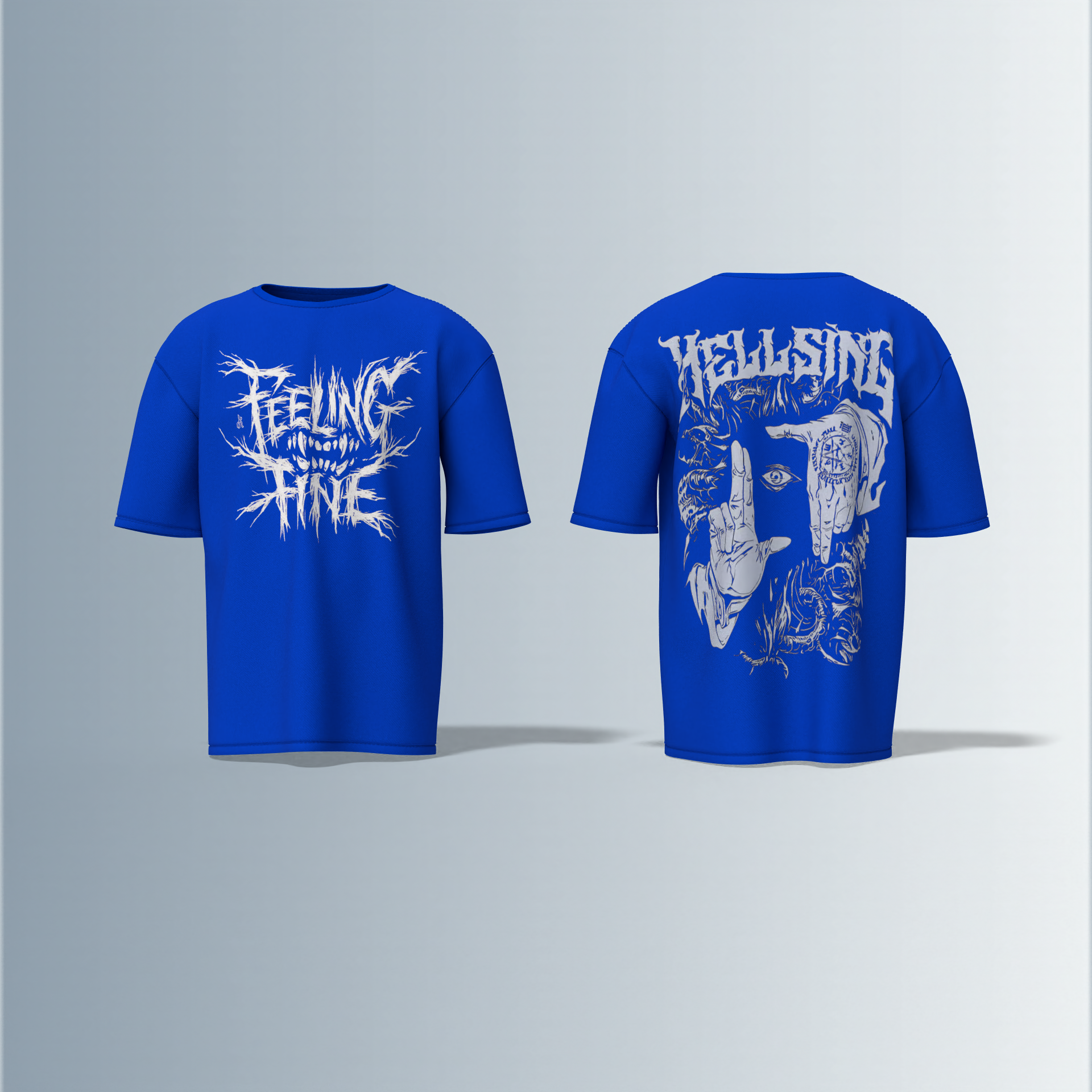Oversized Round-Neck Tee with Distorted “Feeling Fine” Graphic on Front and Bold Gothic “Hellsing” Typography on Back Featuring Hand Sign, Eye Symbol, and Intricate Dark Art Elements