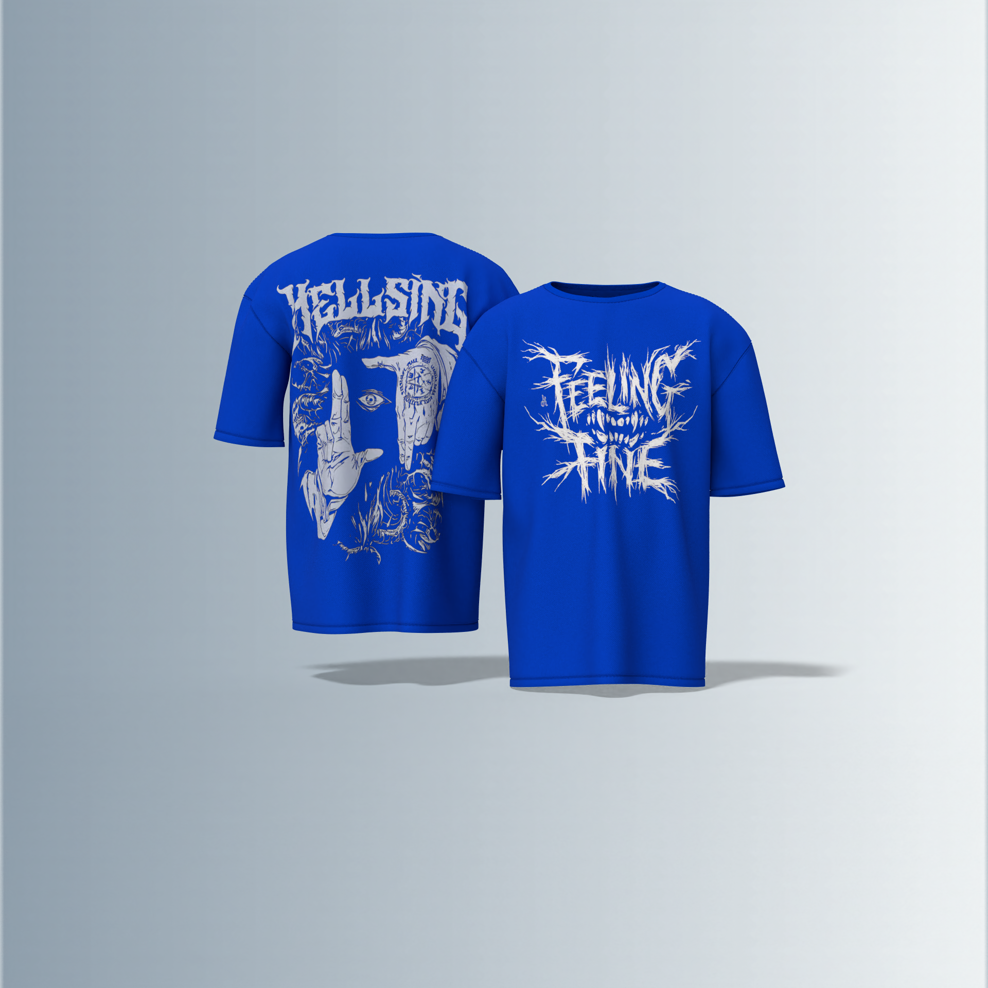 Oversized Round-Neck Tee with Distorted “Feeling Fine” Graphic on Front and Bold Gothic “Hellsing” Typography on Back Featuring Hand Sign, Eye Symbol, and Intricate Dark Art Elements