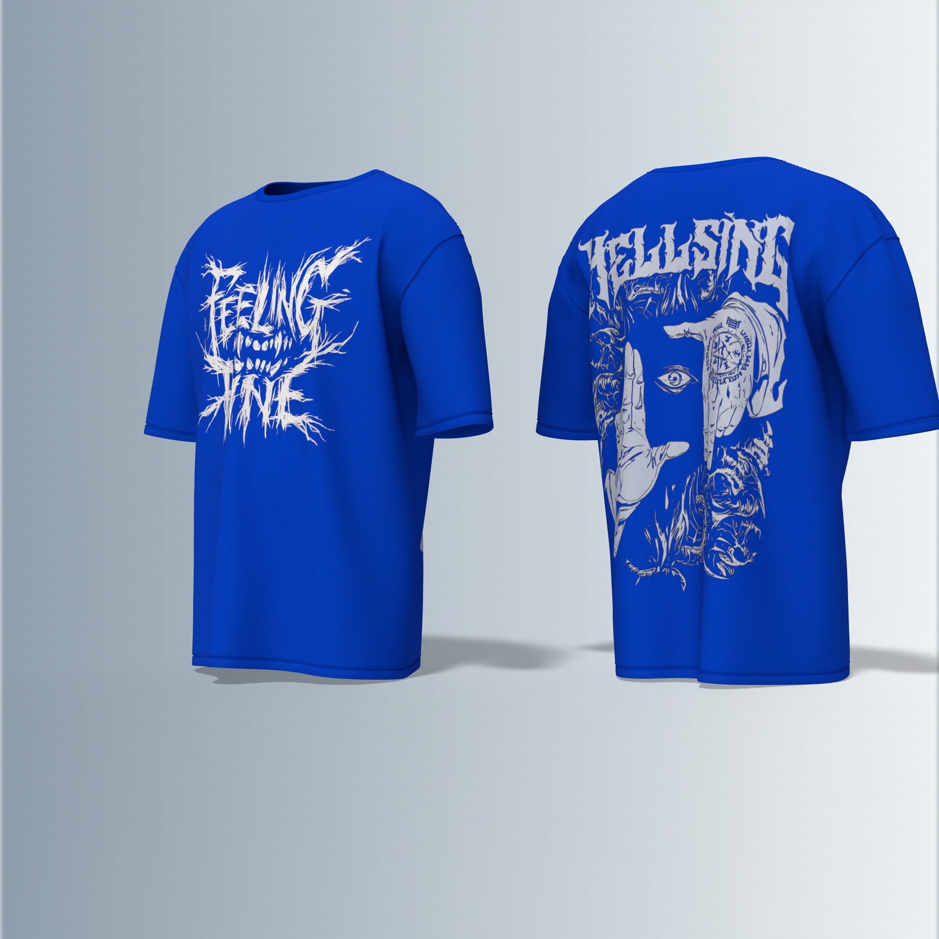 Oversized Round-Neck Tee with Distorted “Feeling Fine” Graphic on Front and Bold Gothic “Hellsing” Typography on Back Featuring Hand Sign, Eye Symbol, and Intricate Dark Art Elements