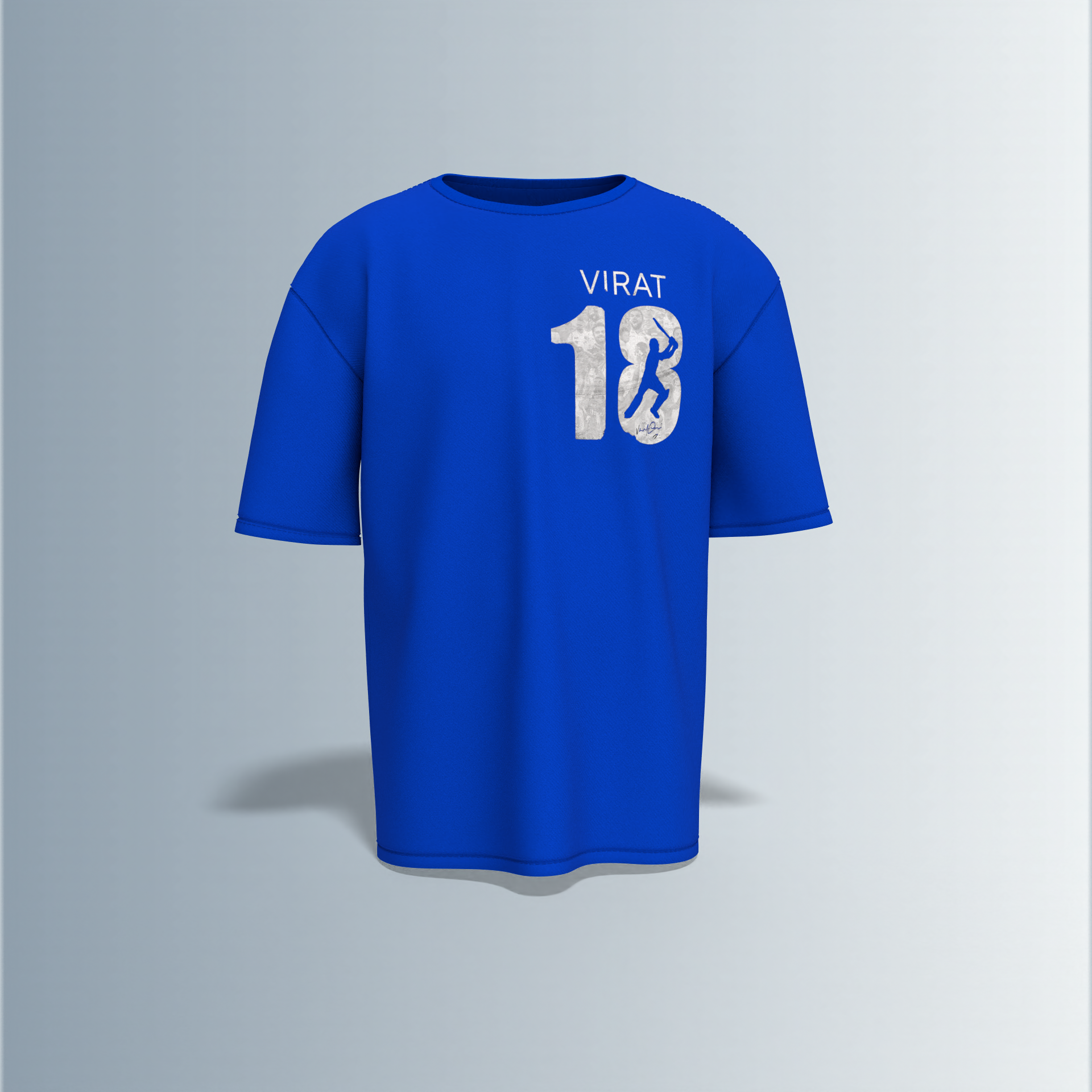 LIMITED EDITION Oversized Round-Neck Tee Showcasing Iconic Cricket Action Collage on Back and Bold ‘VIRAT 18’ Graphic with Silhouette Batsman on Front